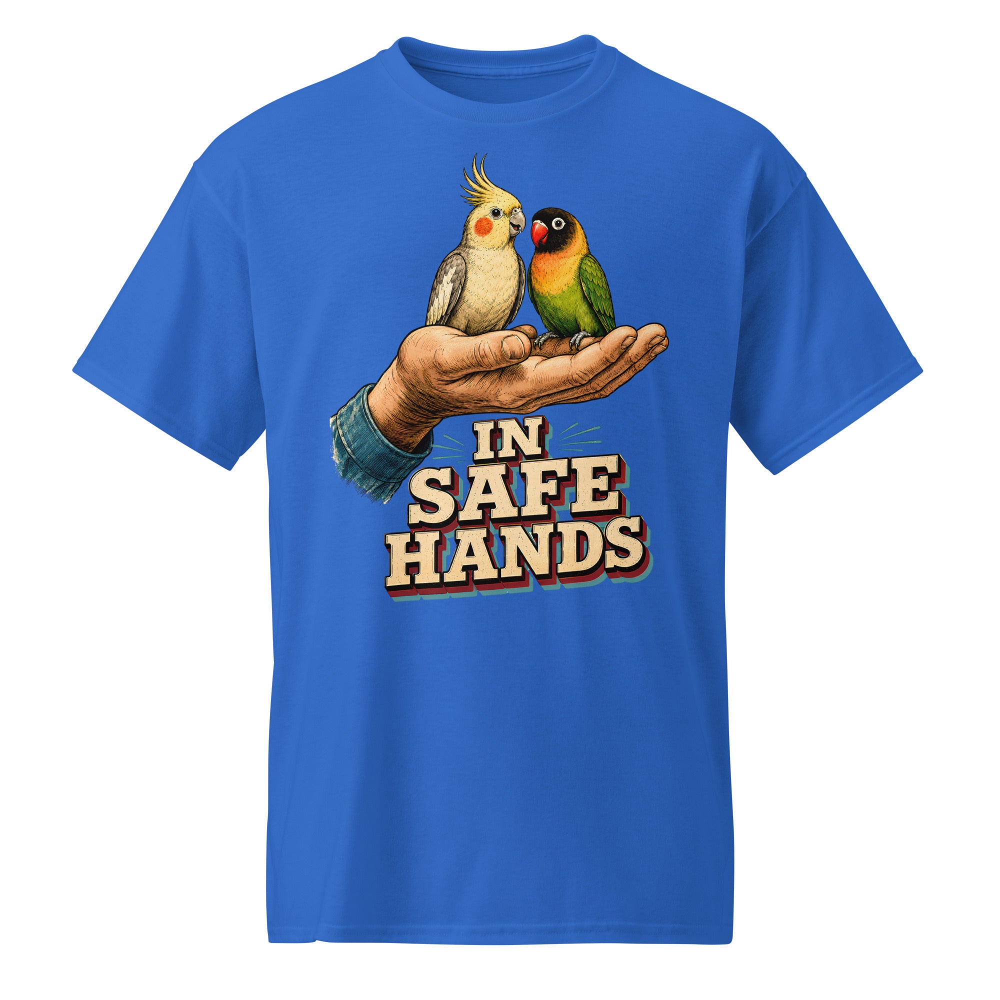 In Safe Hands DryBlend T-Shirt - Retro Cockatiel & Lovebird Parrot Lovers Tee T-7 by printfluence.net