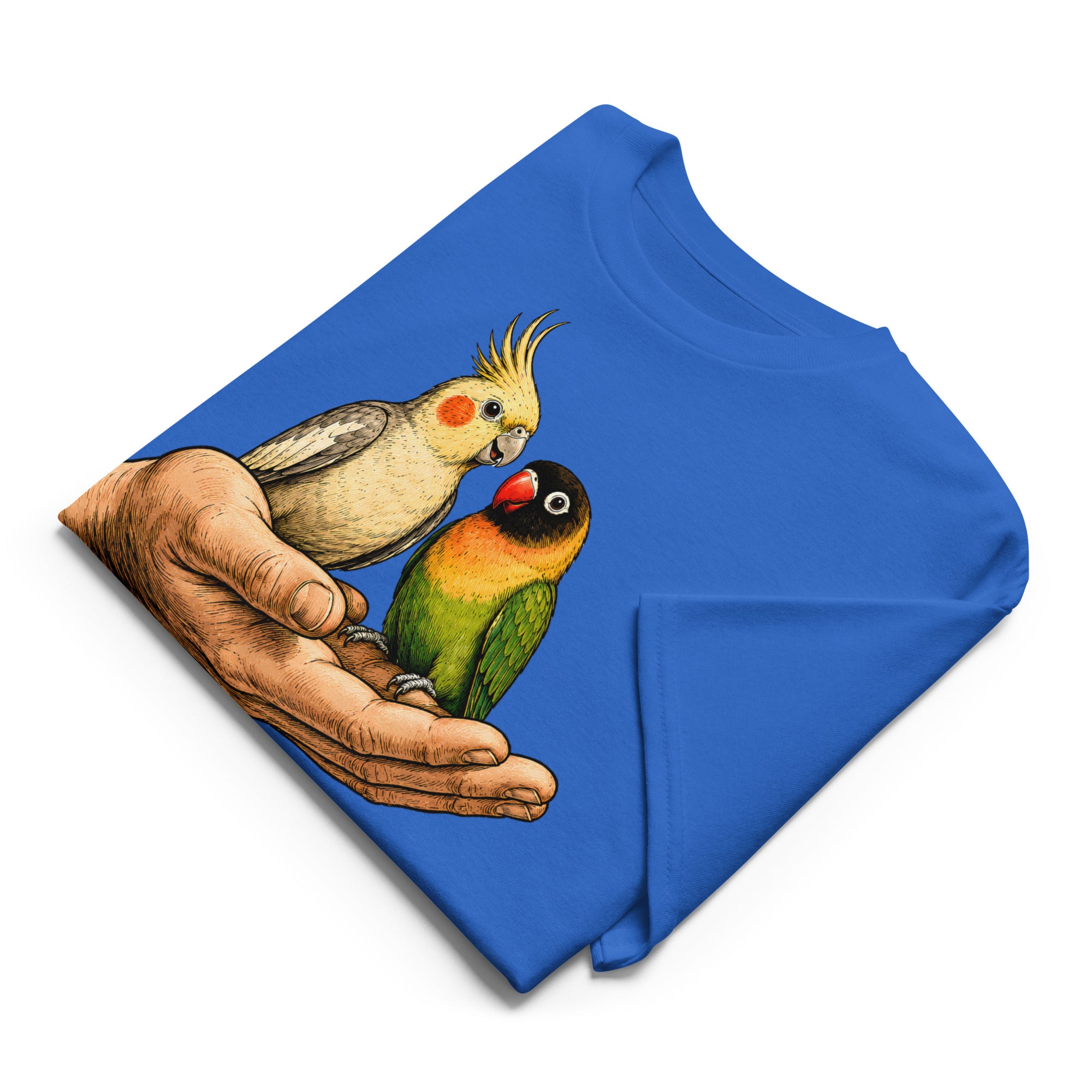 In Safe Hands DryBlend T-Shirt - Retro Cockatiel & Lovebird Parrot Lovers Tee T-7 by printfluence.net
