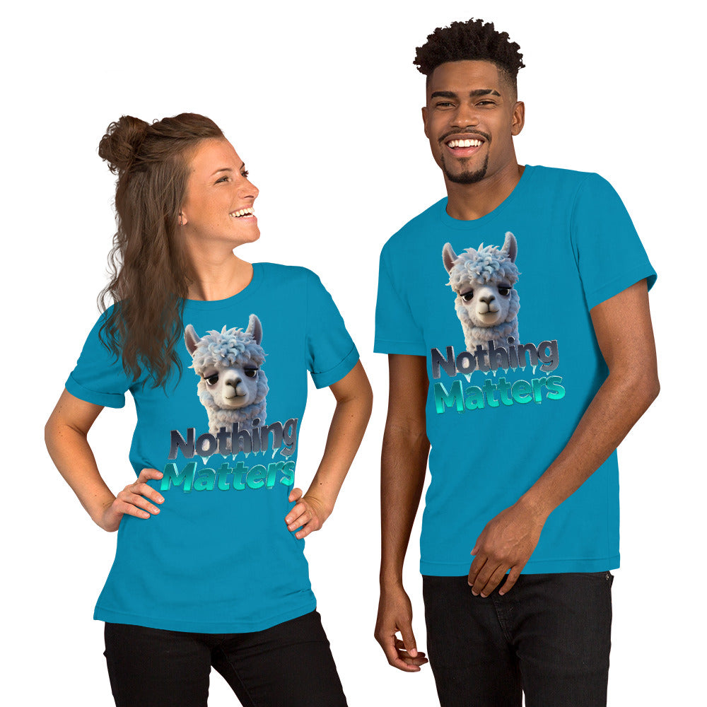 Unisex t-shirt - Sad Llama Nothing Matters Tee – Funny Nihilist Unisex Vibes by printfluence.net