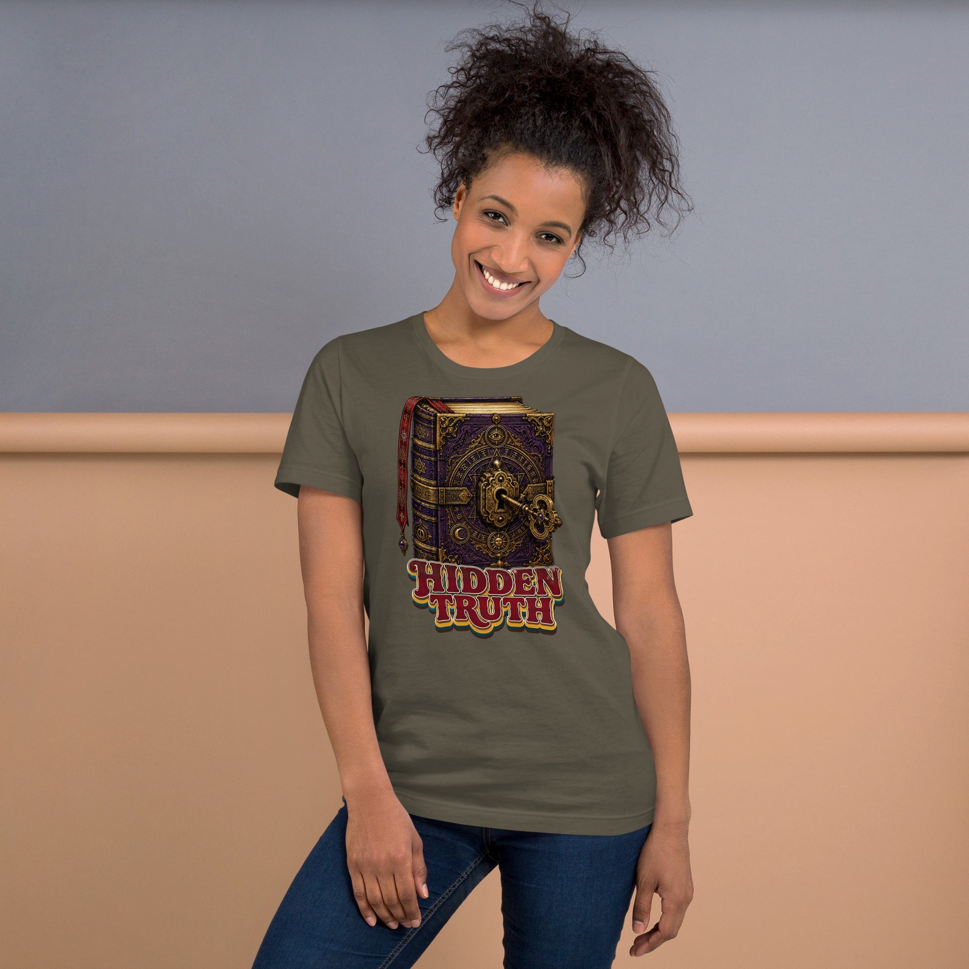 Horror and Mystery Lovers Unisex Staple T-Shirt — "Hidden Truth" Cursed Grimoire and Esoteric Key Design by printfluence.net