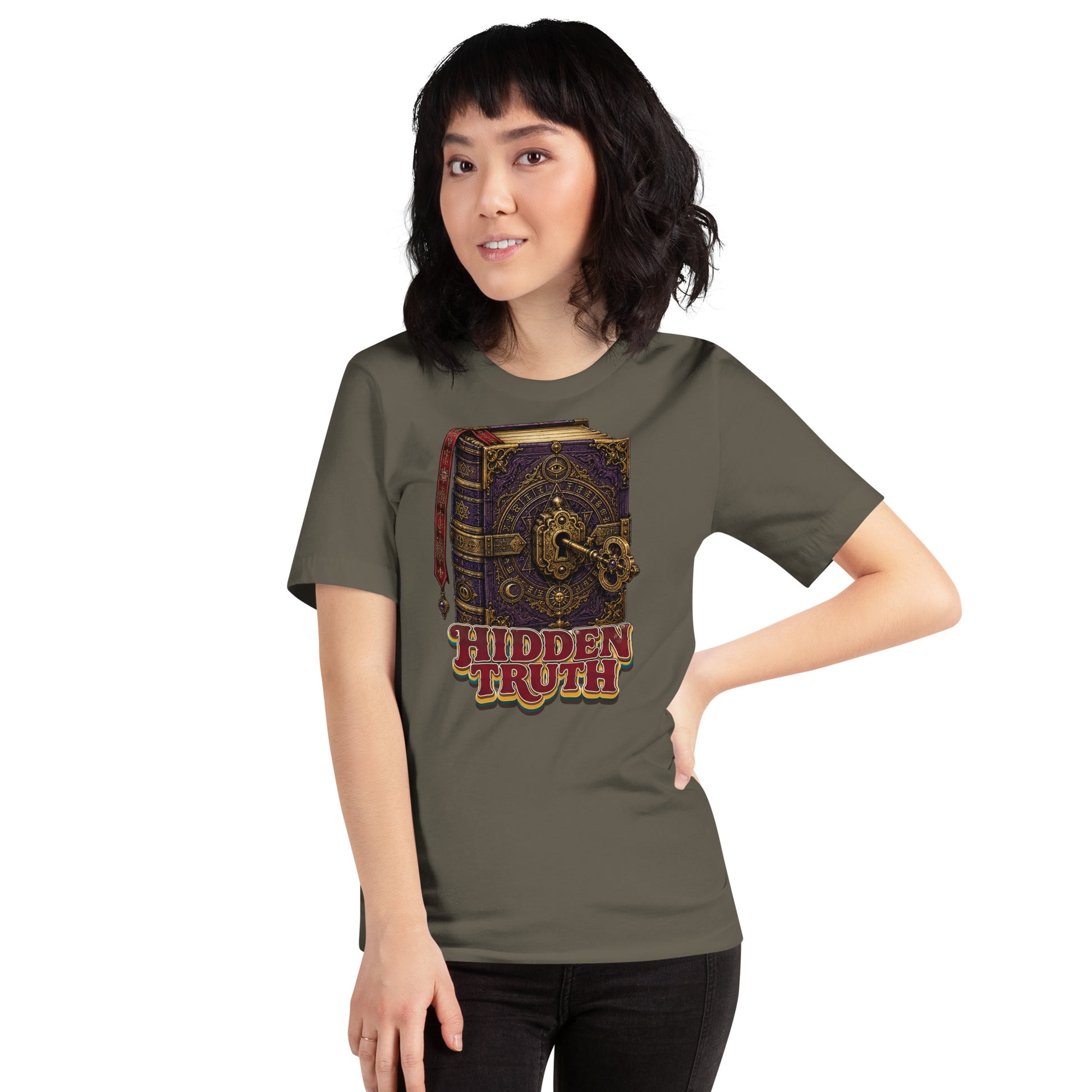 Horror and Mystery Lovers Unisex Staple T-Shirt — "Hidden Truth" Cursed Grimoire and Esoteric Key Design by printfluence.net