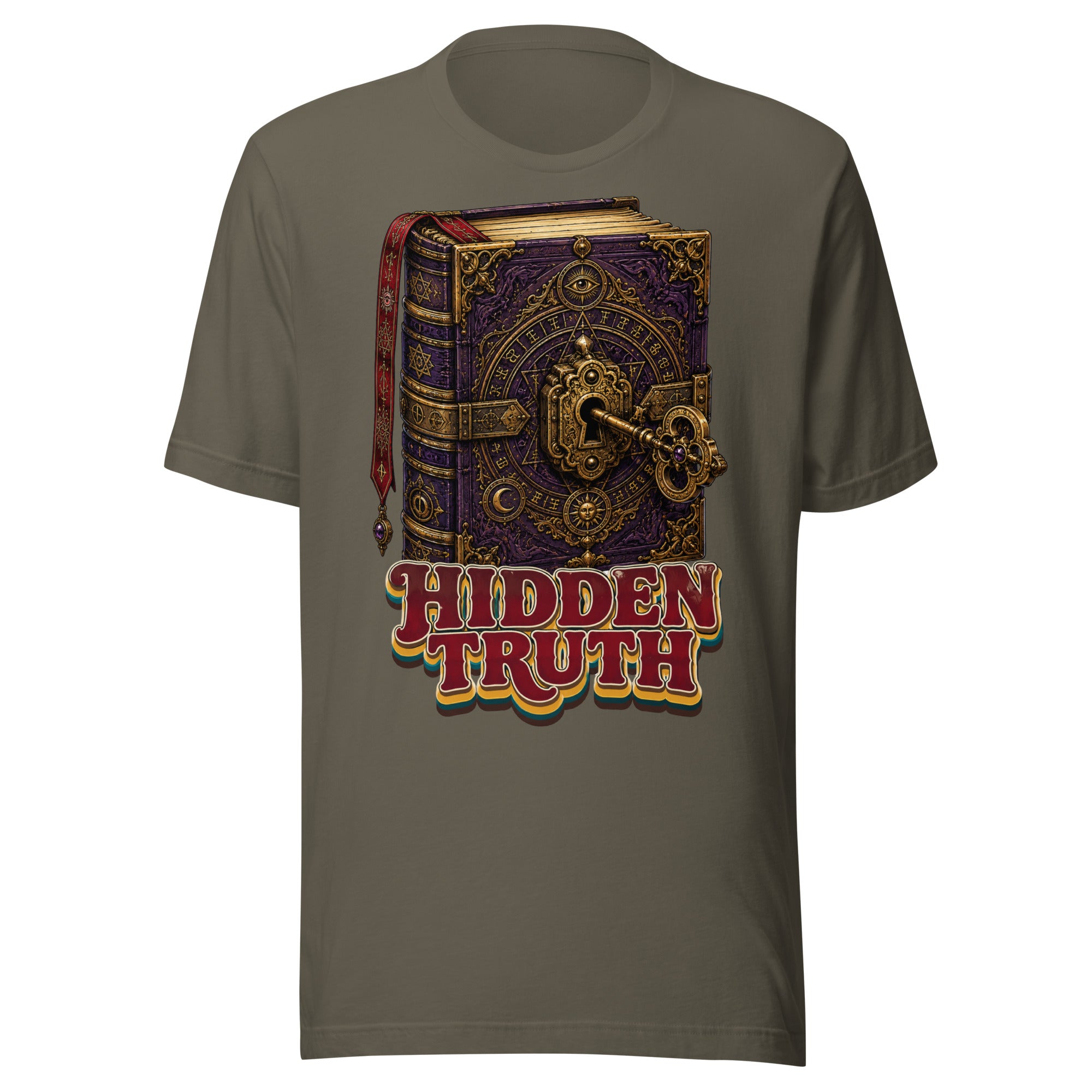 Horror and Mystery Lovers Unisex Staple T-Shirt — "Hidden Truth" Cursed Grimoire and Esoteric Key Design by printfluence.net