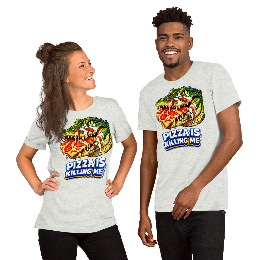 Unisex t-shirt - "Pizza Is Killing Me" Funny Crocodile Graphic Tee – Retro Pizza Lover Streetwear by printfluence.net