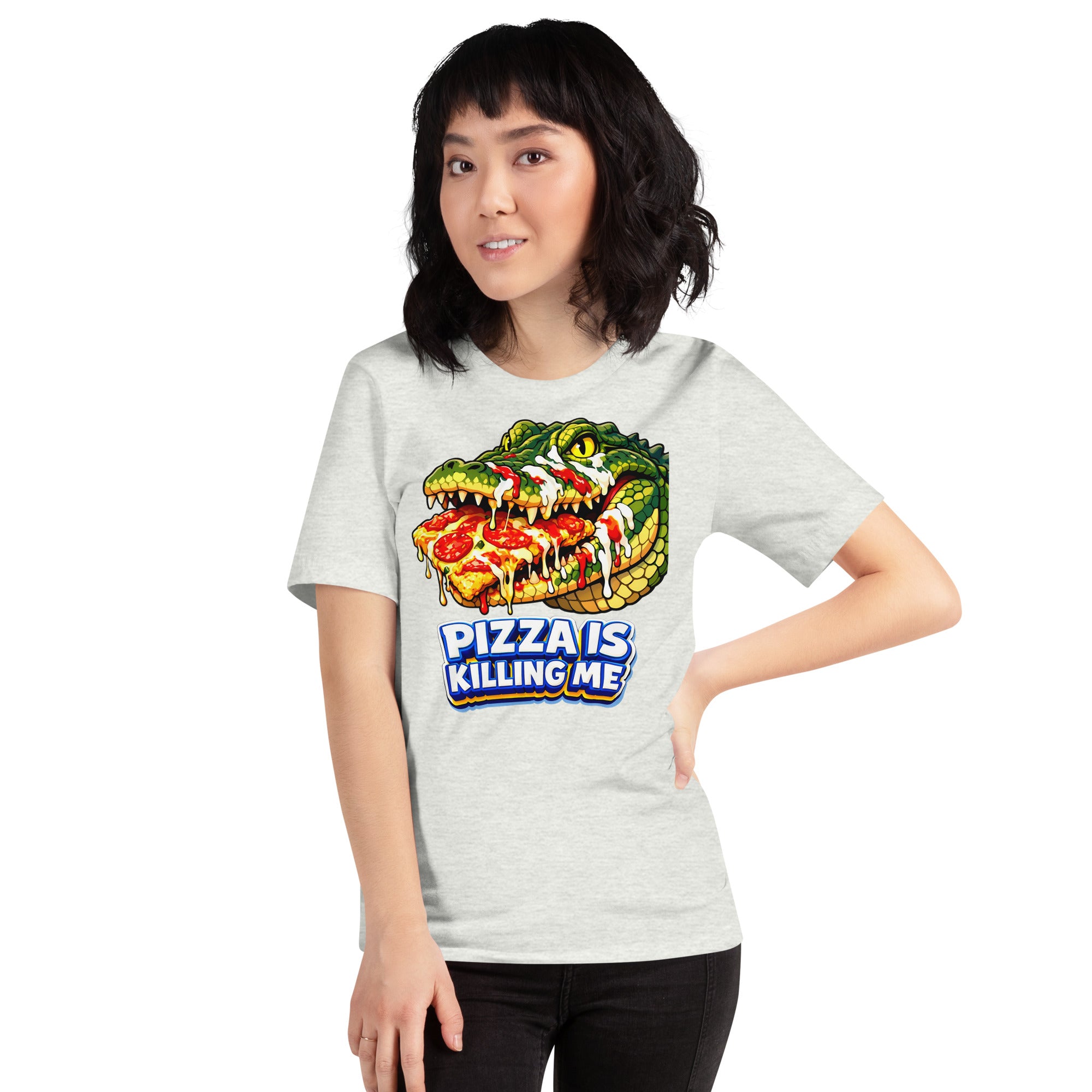 Unisex t-shirt - "Pizza Is Killing Me" Funny Crocodile Graphic Tee – Retro Pizza Lover Streetwear by printfluence.net