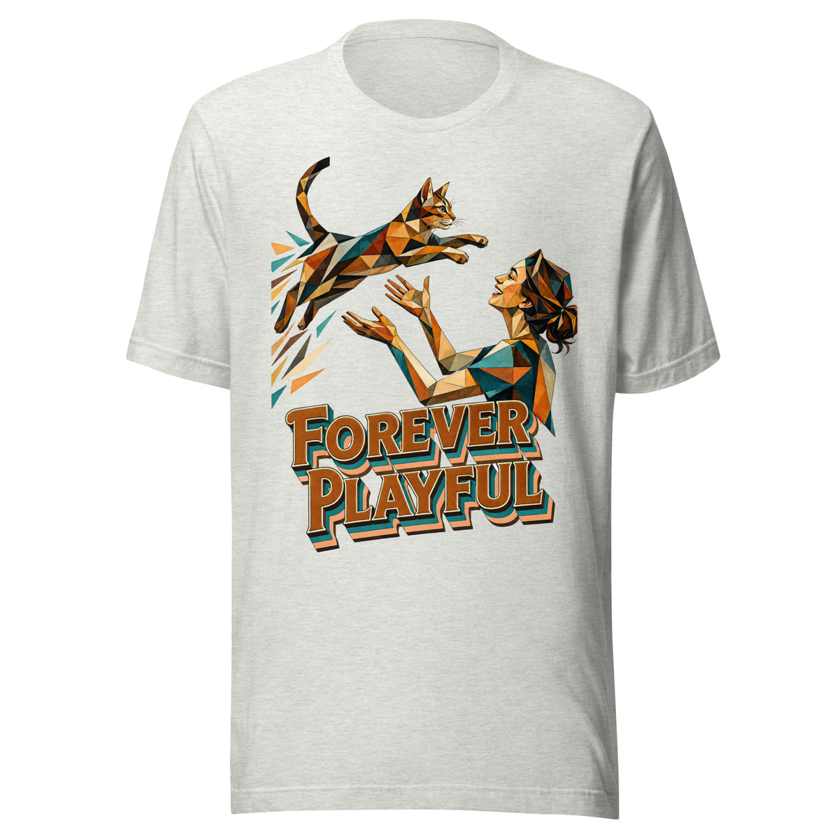 Cat Lovers Unisex Staple T-Shirt – Forever Playful Geometric Cat Design by printfluence.net