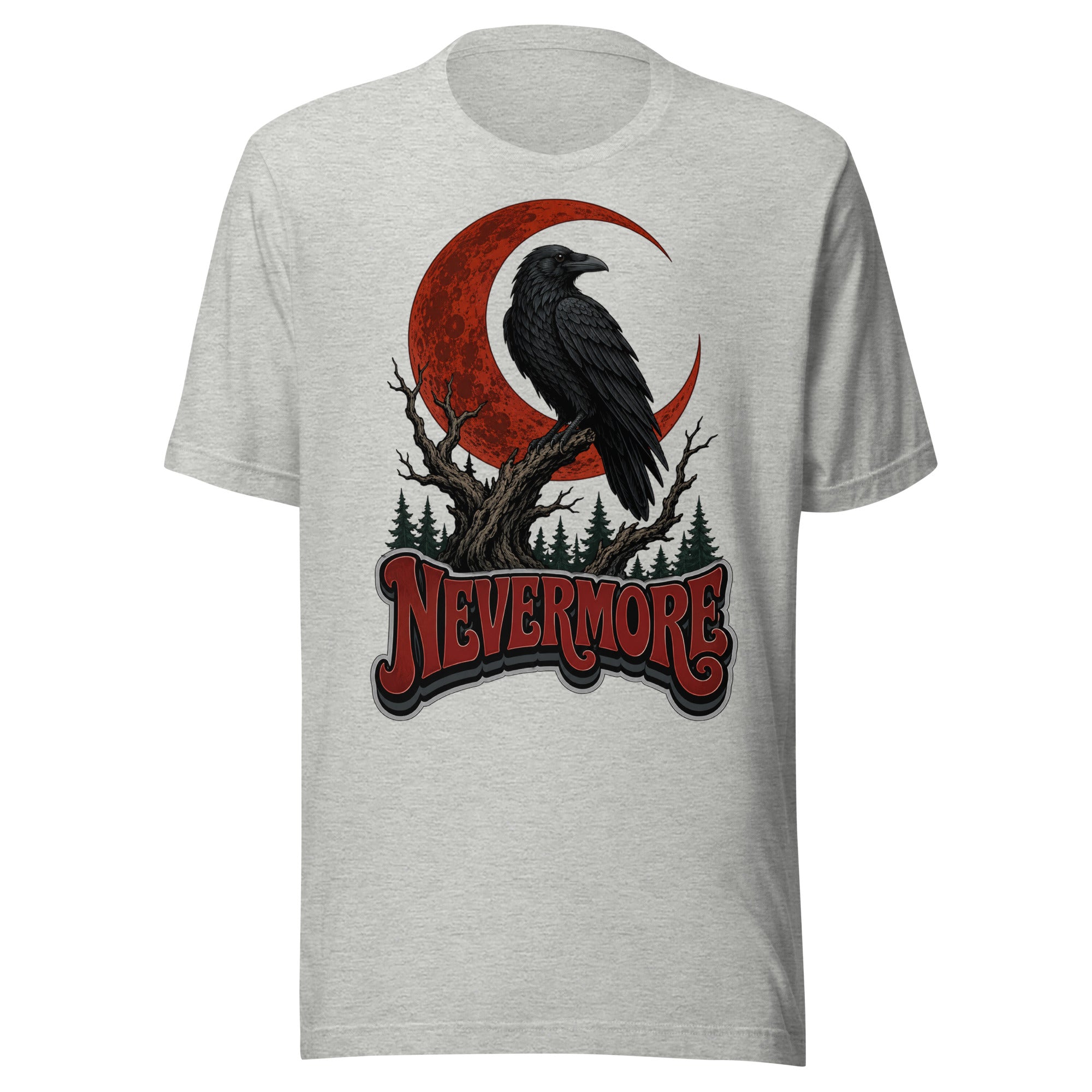 Horror & Mystery Lovers Unisex Staple T-Shirt — "Nevermore" Blood Moon Raven and Dead Tree Design by printfluence.net