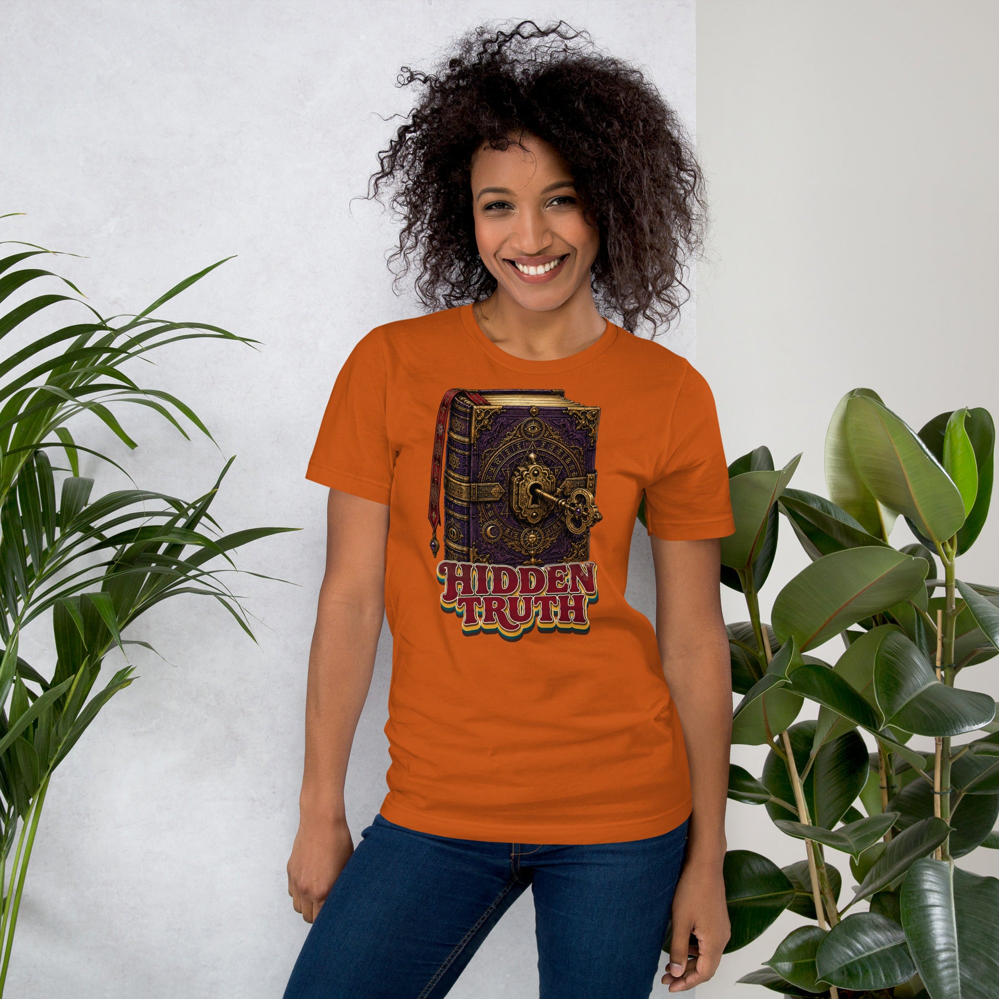 Horror and Mystery Lovers Unisex Staple T-Shirt — "Hidden Truth" Cursed Grimoire and Esoteric Key Design by printfluence.net