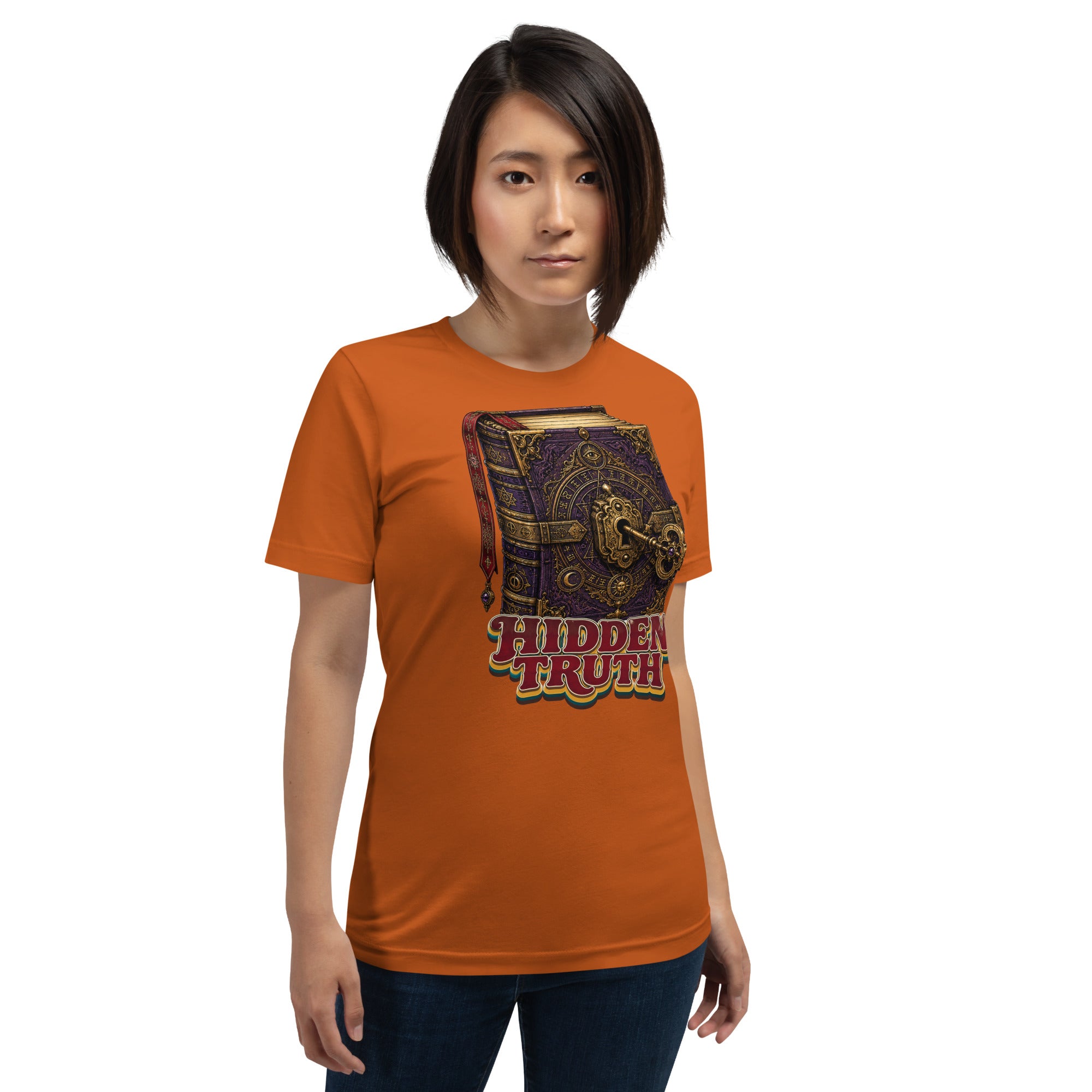 Horror and Mystery Lovers Unisex Staple T-Shirt — "Hidden Truth" Cursed Grimoire and Esoteric Key Design by printfluence.net