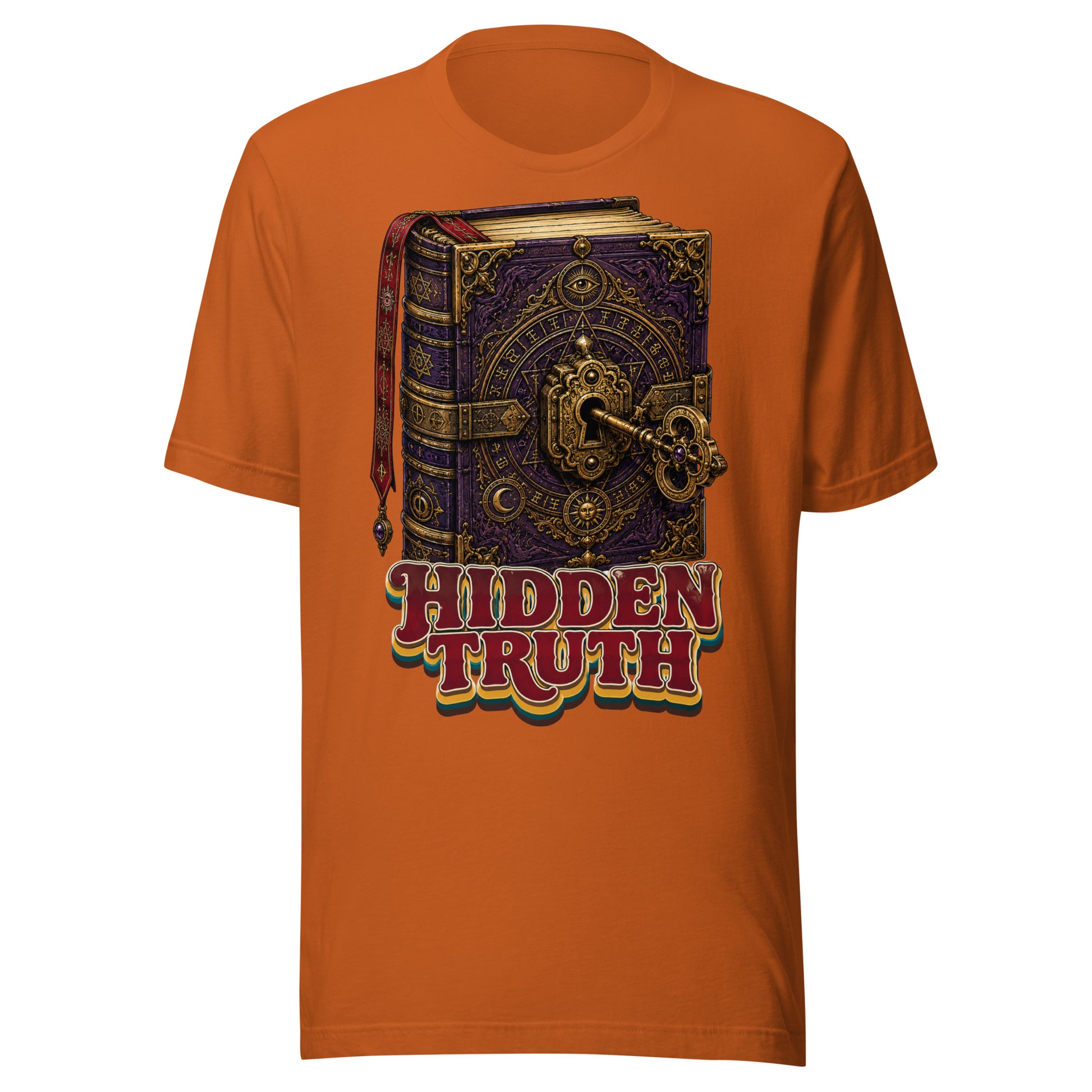 Horror and Mystery Lovers Unisex Staple T-Shirt — "Hidden Truth" Cursed Grimoire and Esoteric Key Design by printfluence.net