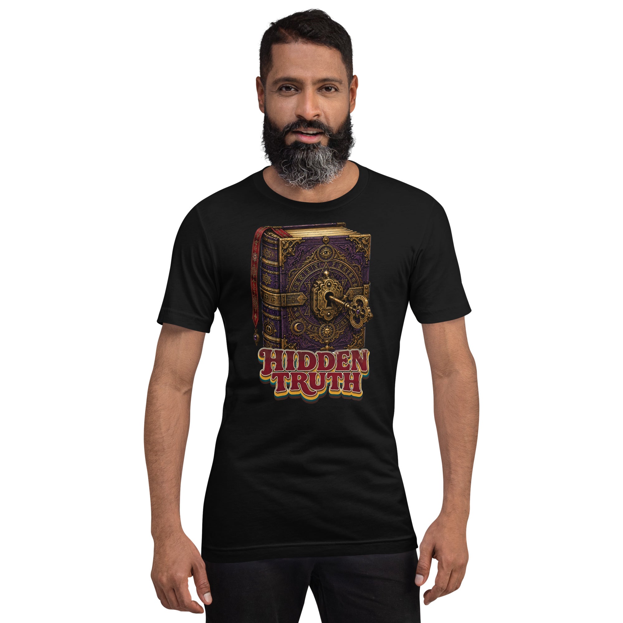 Horror and Mystery Lovers Unisex Staple T-Shirt — "Hidden Truth" Cursed Grimoire and Esoteric Key Design by printfluence.net