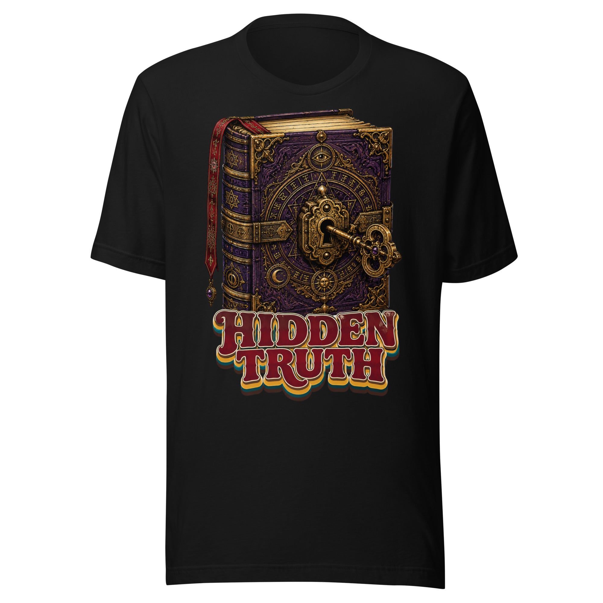Horror and Mystery Lovers Unisex Staple T-Shirt — "Hidden Truth" Cursed Grimoire and Esoteric Key Design by printfluence.net