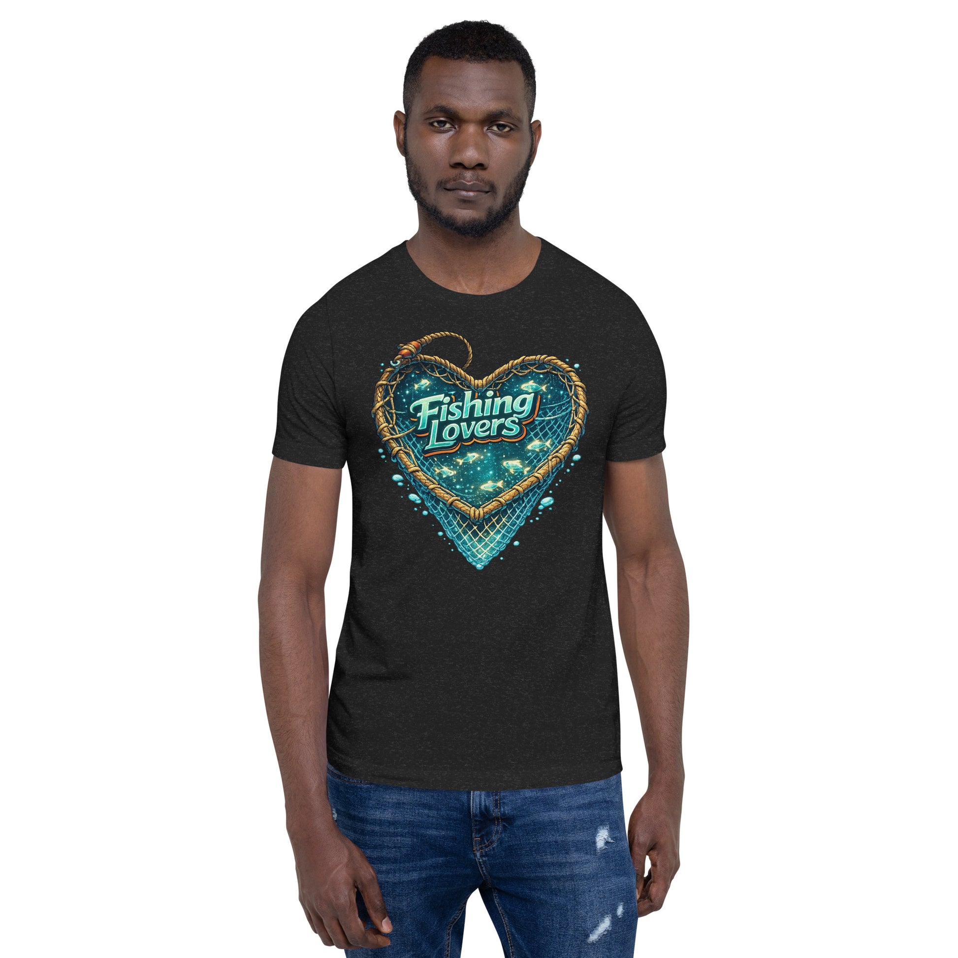 Fishing Lovers T-Shirt - Cute Heart Fish Net Graphic Tee for Fishermen & Coffee Lovers by printfluence.net