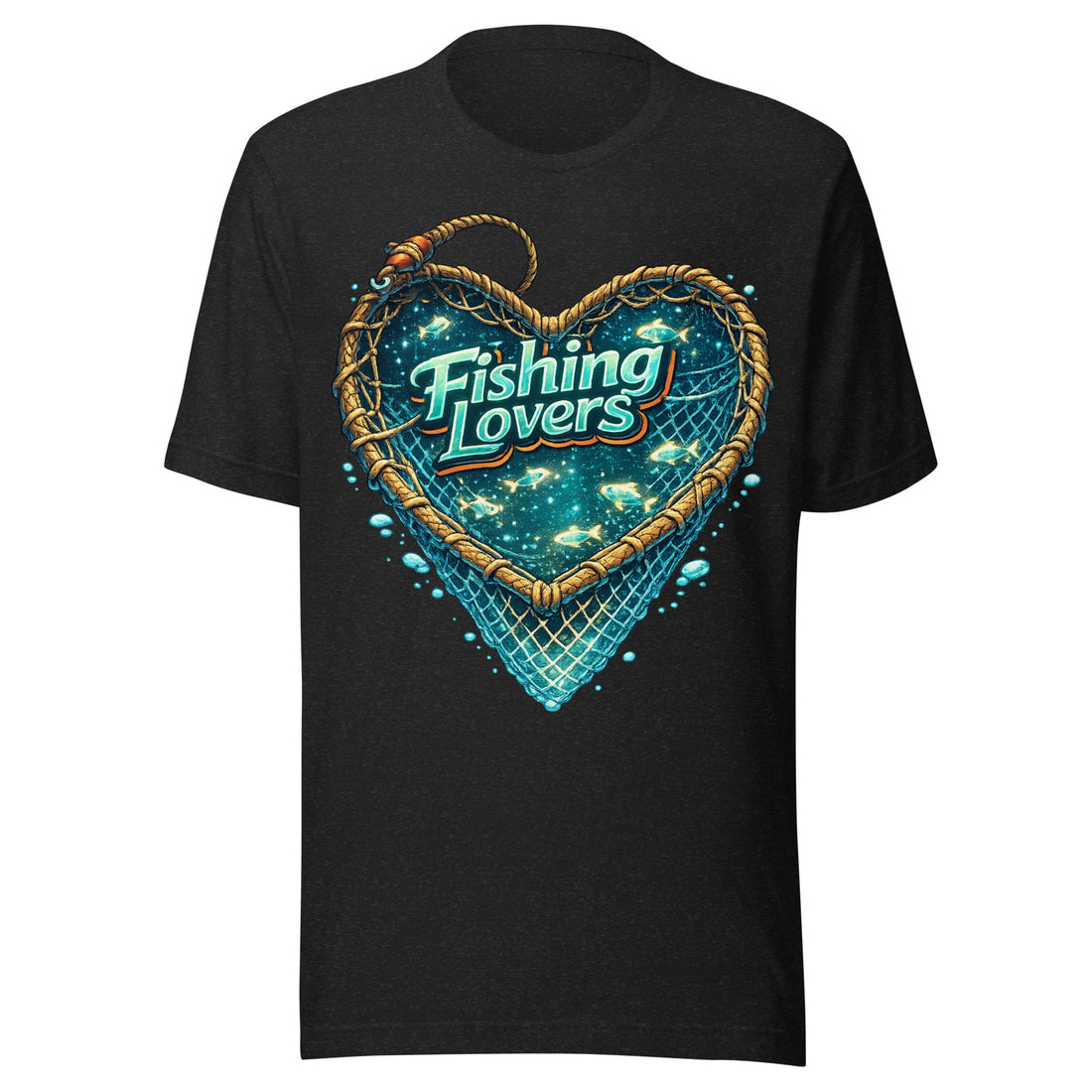 Fishing Lovers T-Shirt - Cute Heart Fish Net Graphic Tee for Fishermen & Coffee Lovers by printfluence.net