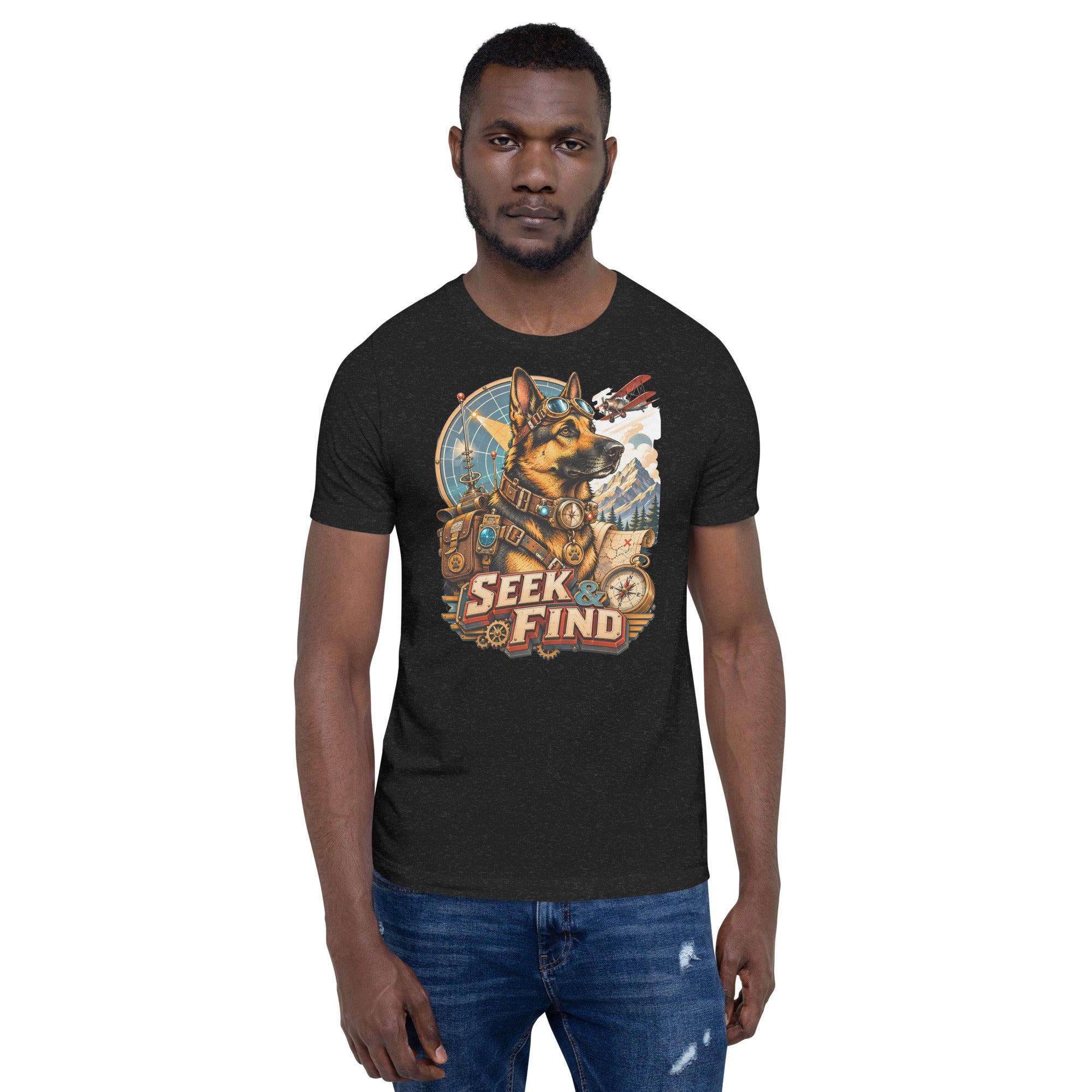 German Shepherd Lovers Unisex T-Shirt | "Seek & Find" Vintage Explorer Graphic Apparel by printfluence.net