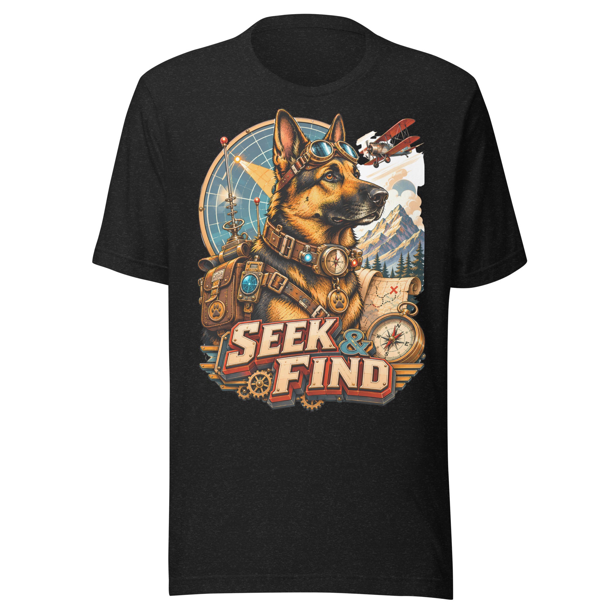German Shepherd Lovers Unisex T-Shirt | "Seek & Find" Vintage Explorer Graphic Apparel by printfluence.net