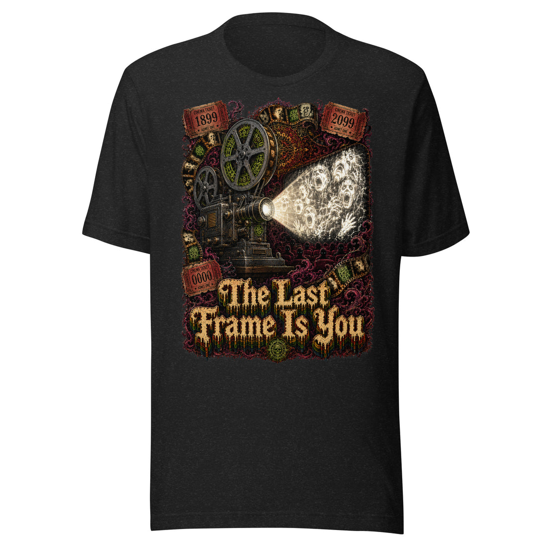 Horror and Mystery Lovers Unisex T-Shirt — "The Last Frame Is You" Haunted Vintage Projector and Cinema Horror Design by printfluence.net