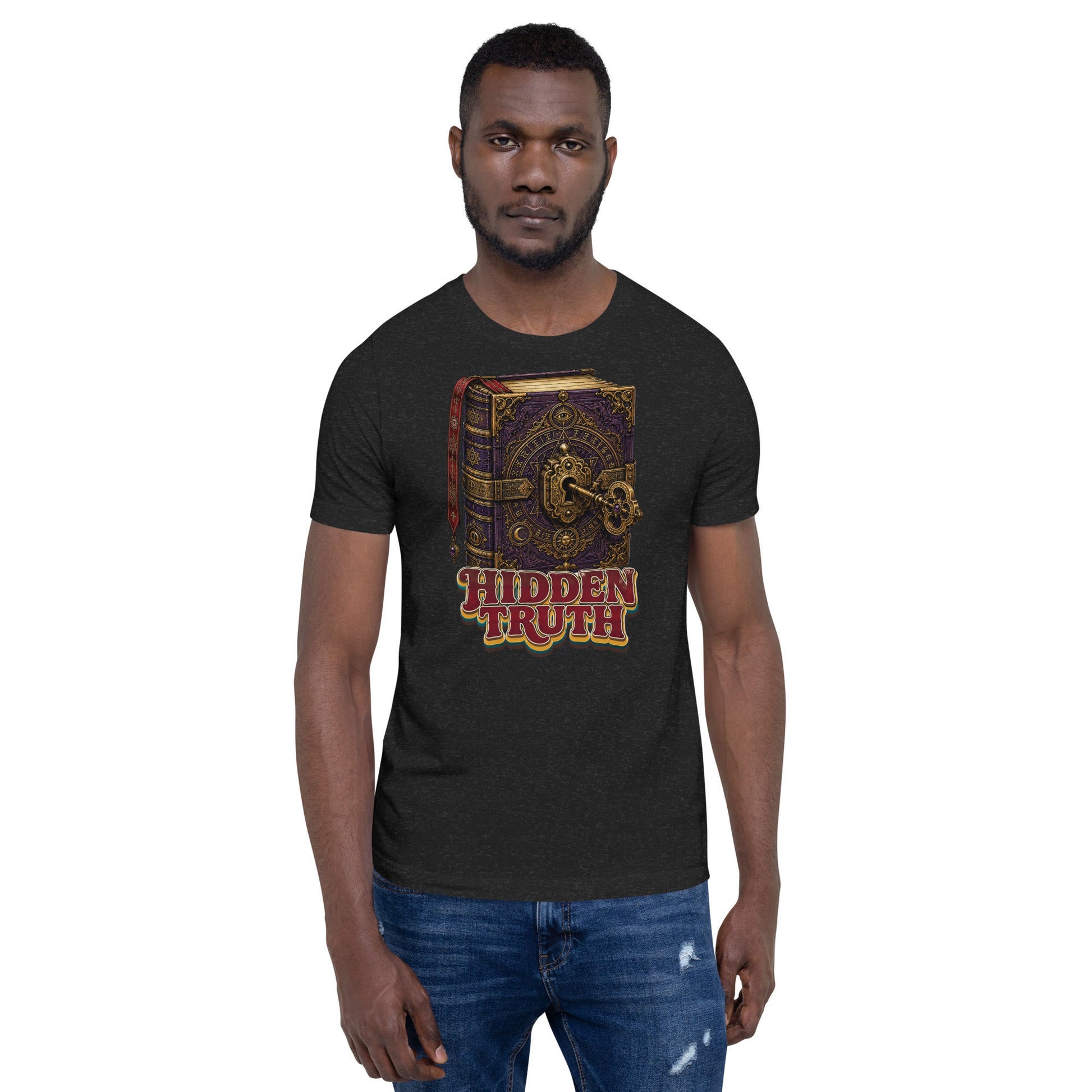 Horror and Mystery Lovers Unisex Staple T-Shirt — "Hidden Truth" Cursed Grimoire and Esoteric Key Design by printfluence.net