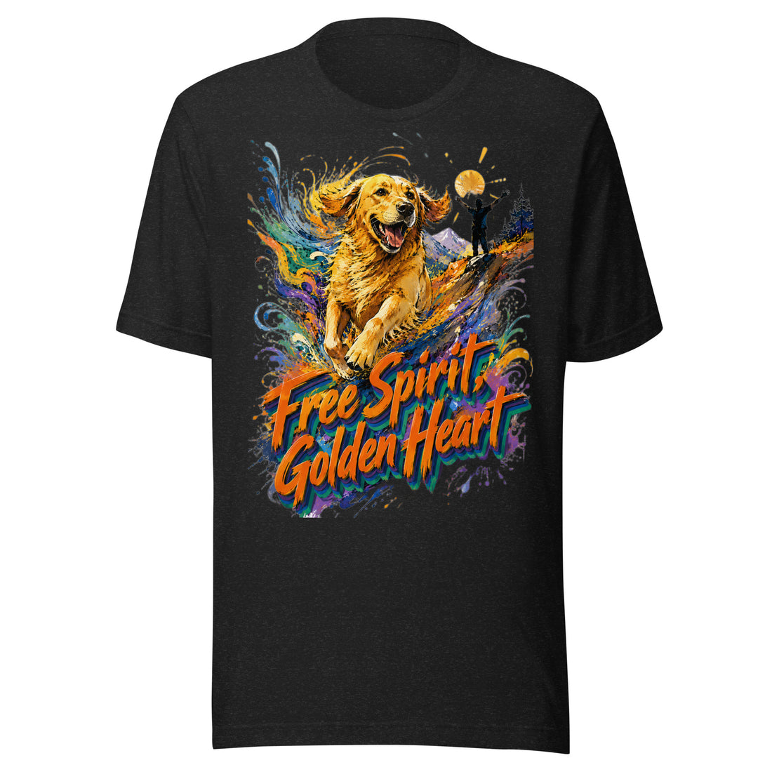 Golden Retriever Lovers Unisex Staple T-Shirt — "Free Spirit, Golden Heart" Running Dog and Mountain Explorer Design by printfluence.net