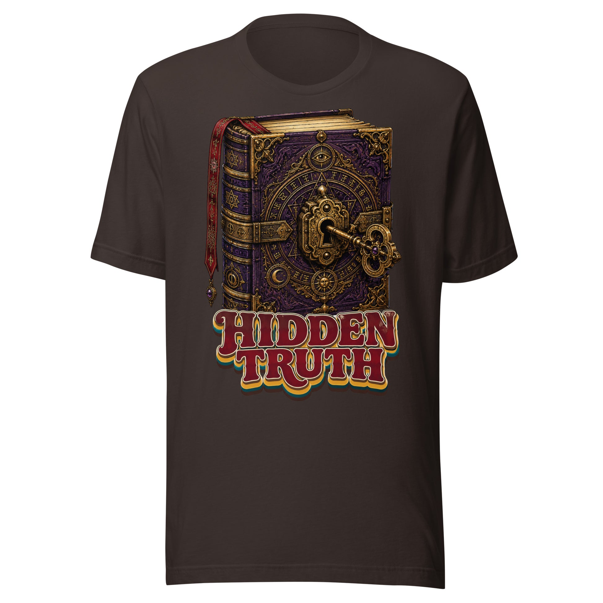 Horror and Mystery Lovers Unisex Staple T-Shirt — "Hidden Truth" Cursed Grimoire and Esoteric Key Design by printfluence.net