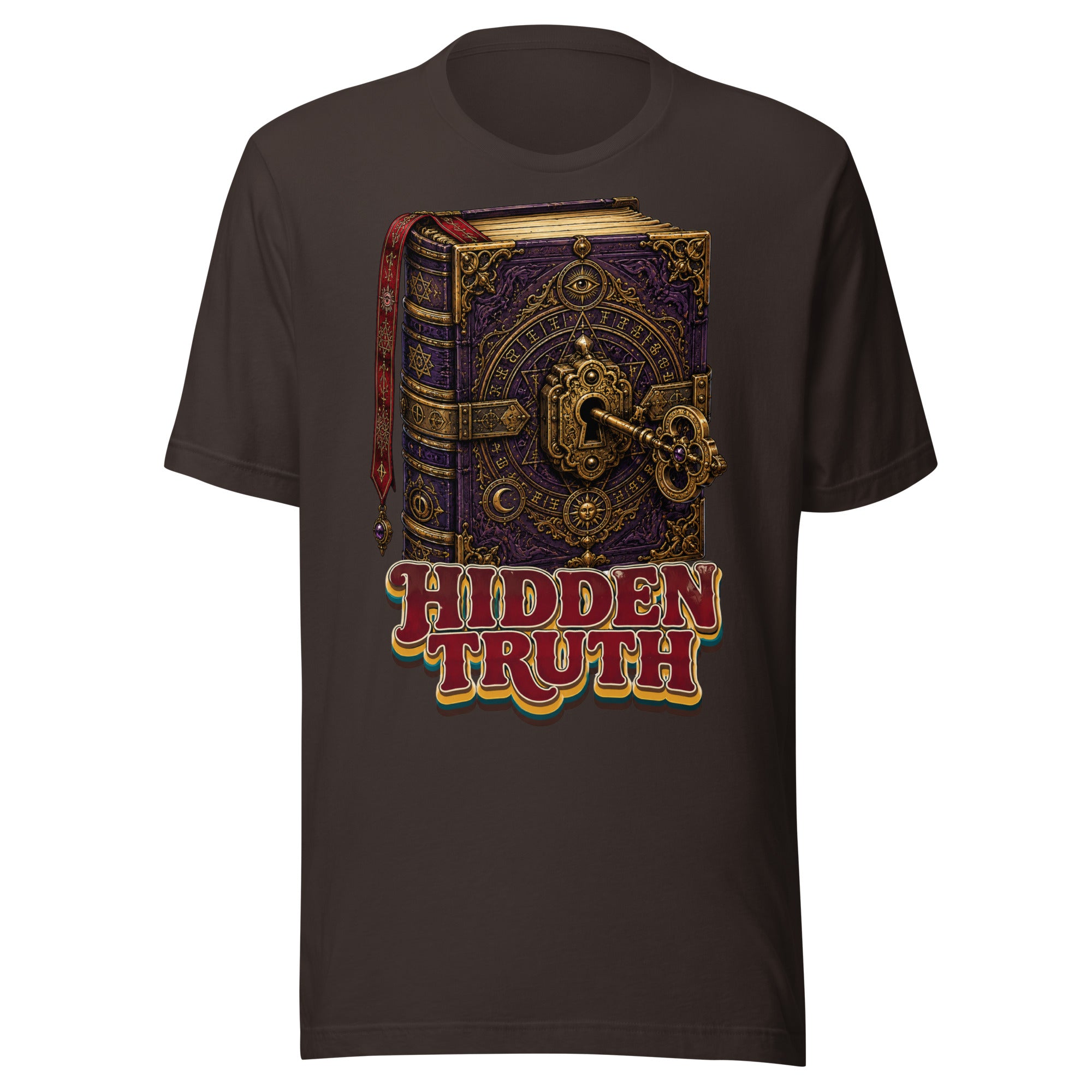 Horror and Mystery Lovers Unisex Staple T-Shirt — "Hidden Truth" Cursed Grimoire and Esoteric Key Design by printfluence.net