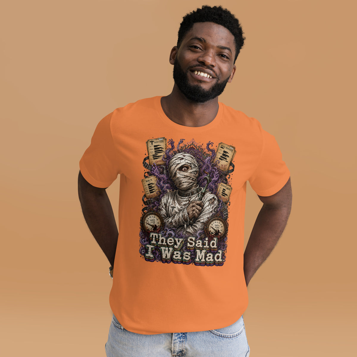 Horror and Mystery Lovers Unisex Staple T-Shirt — "They Said I Was Mad" Asylum Patient and Sanity Meter Design by printfluence.net