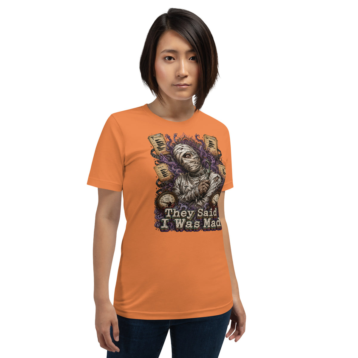 Horror and Mystery Lovers Unisex Staple T-Shirt — "They Said I Was Mad" Asylum Patient and Sanity Meter Design by printfluence.net