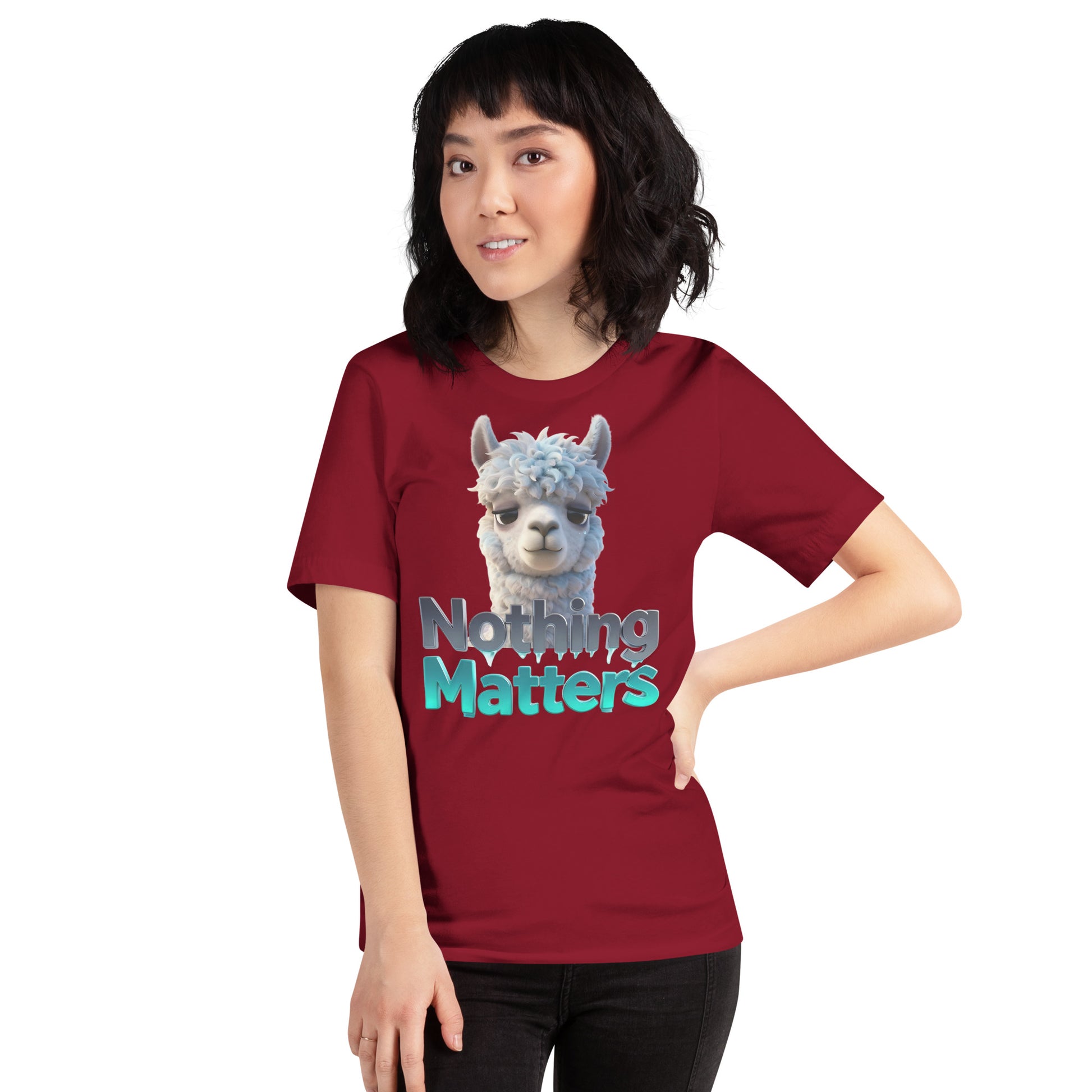 Unisex t-shirt - Sad Llama Nothing Matters Tee – Funny Nihilist Unisex Vibes by printfluence.net