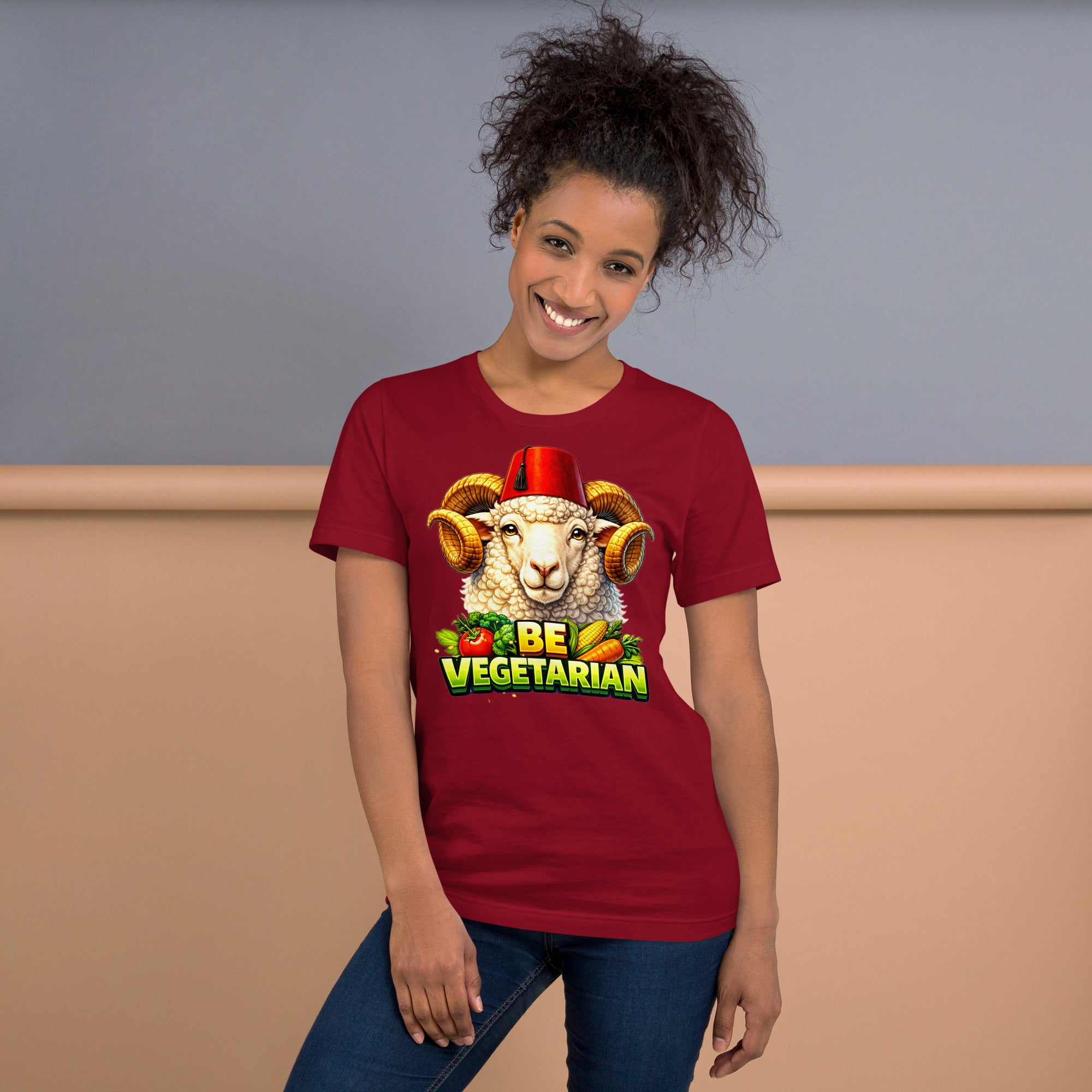 Unisex t-shirt - "Be Vegetarian" Fez-Wearing Ram Graphic Tee – Funny Eco-Friendly Animal Art T-Shirt by printfluence.net