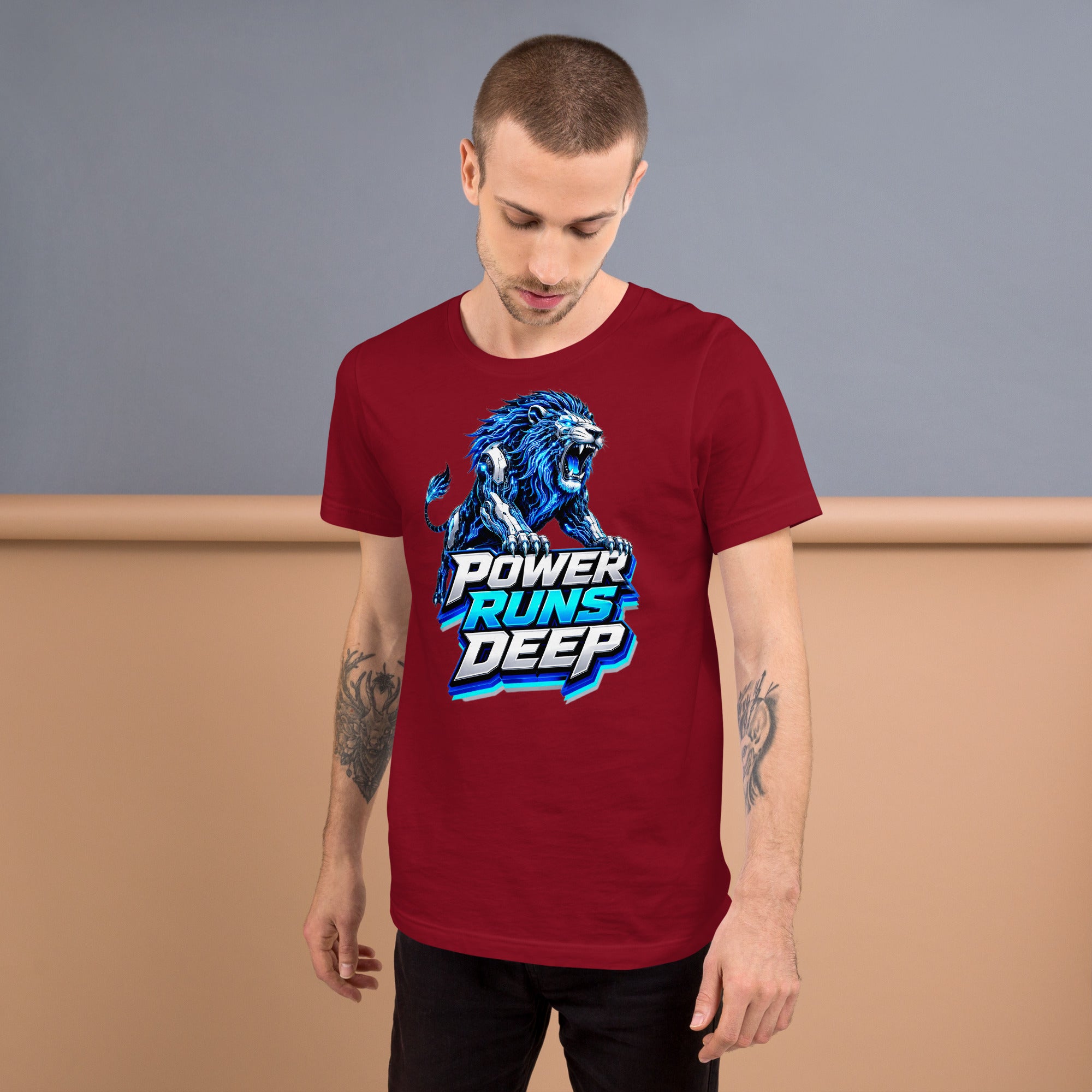 Unisex t-shirt - Cybernetic Neon Lion - Power Runs Deep Premium Graphic Design by printfluence.net