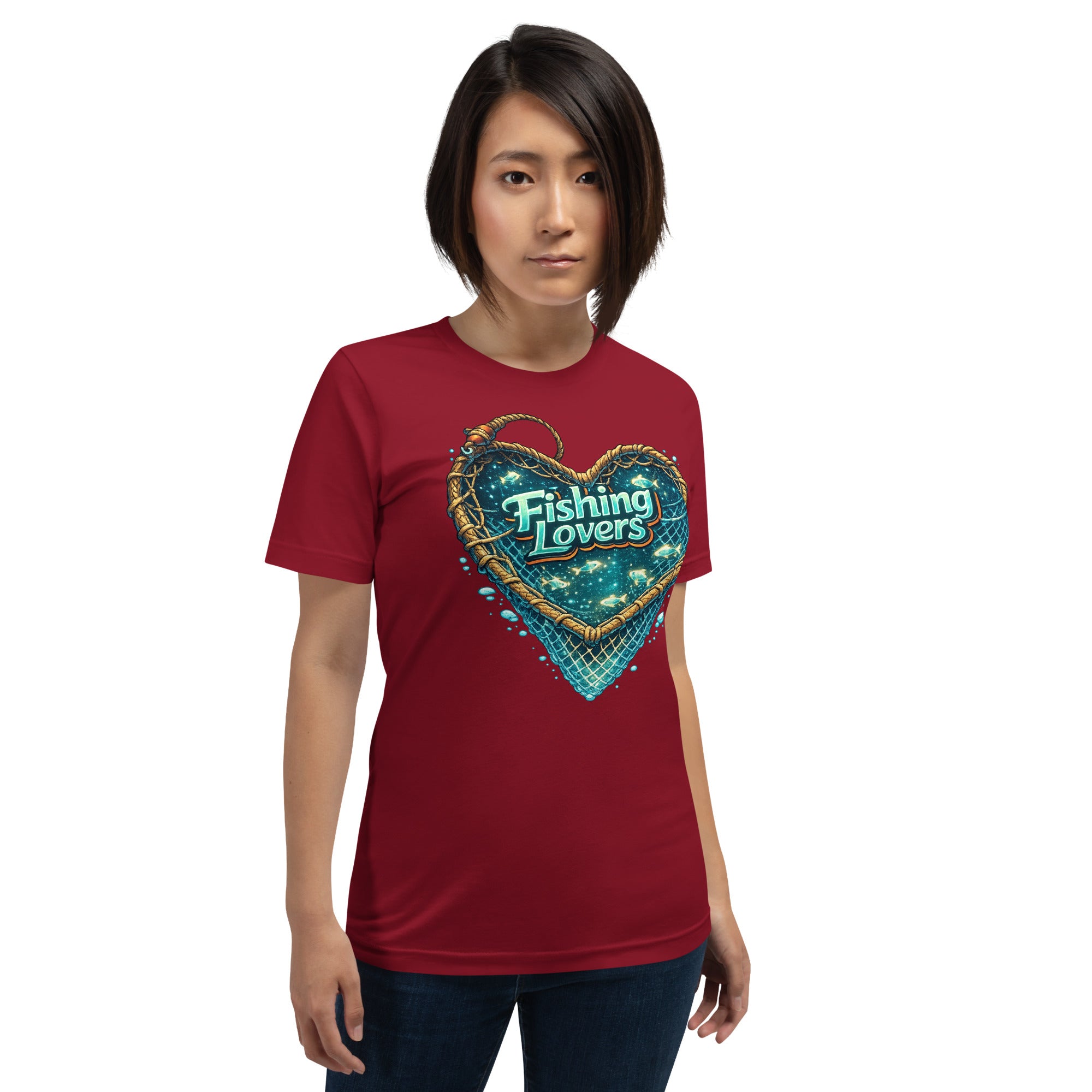 Fishing Lovers T-Shirt - Cute Heart Fish Net Graphic Tee for Fishermen & Coffee Lovers by printfluence.net