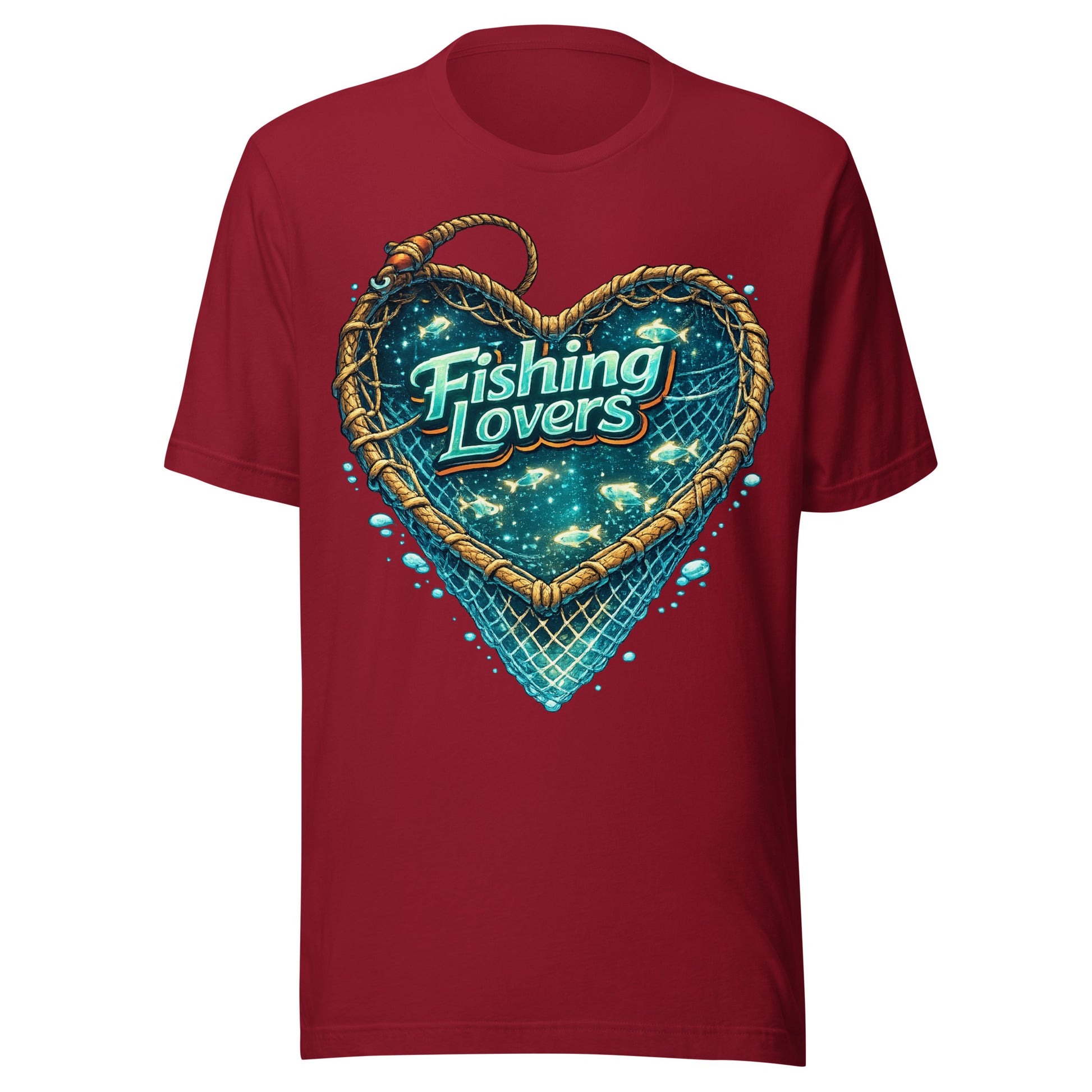 Fishing Lovers T-Shirt - Cute Heart Fish Net Graphic Tee for Fishermen & Coffee Lovers by printfluence.net