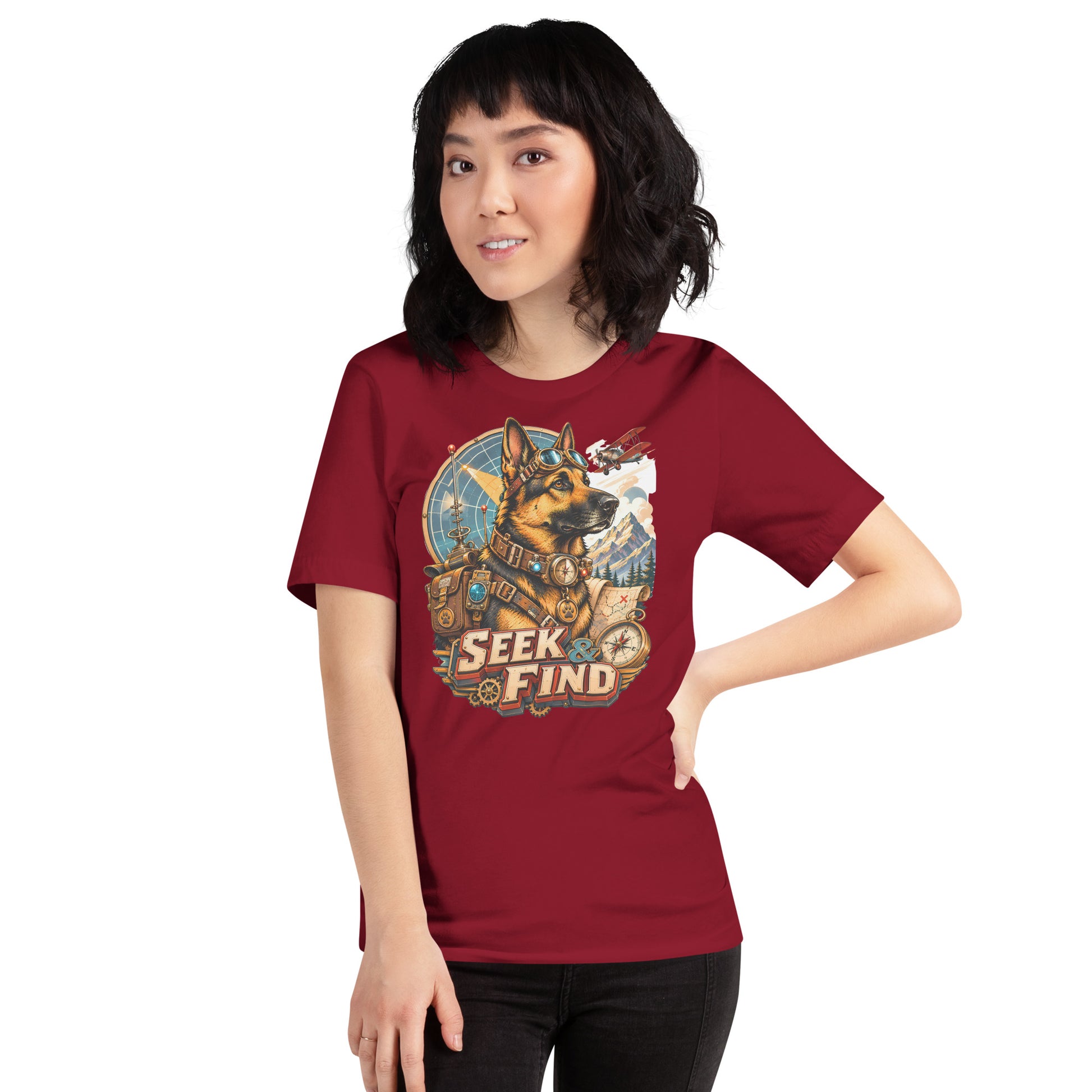 German Shepherd Lovers Unisex T-Shirt | "Seek & Find" Vintage Explorer Graphic Apparel by printfluence.net