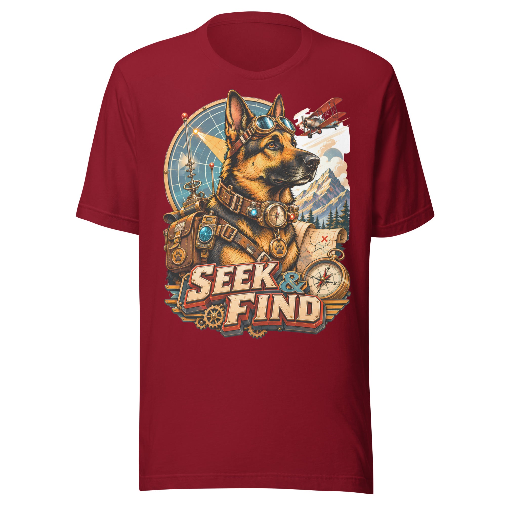 German Shepherd Lovers Unisex T-Shirt | "Seek & Find" Vintage Explorer Graphic Apparel by printfluence.net
