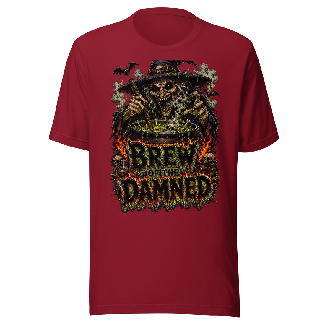 Horror & Mystery Lovers Unisex Staple T-Shirt with "Brew of the Damned" Witch Cauldron Design by printfluence.net