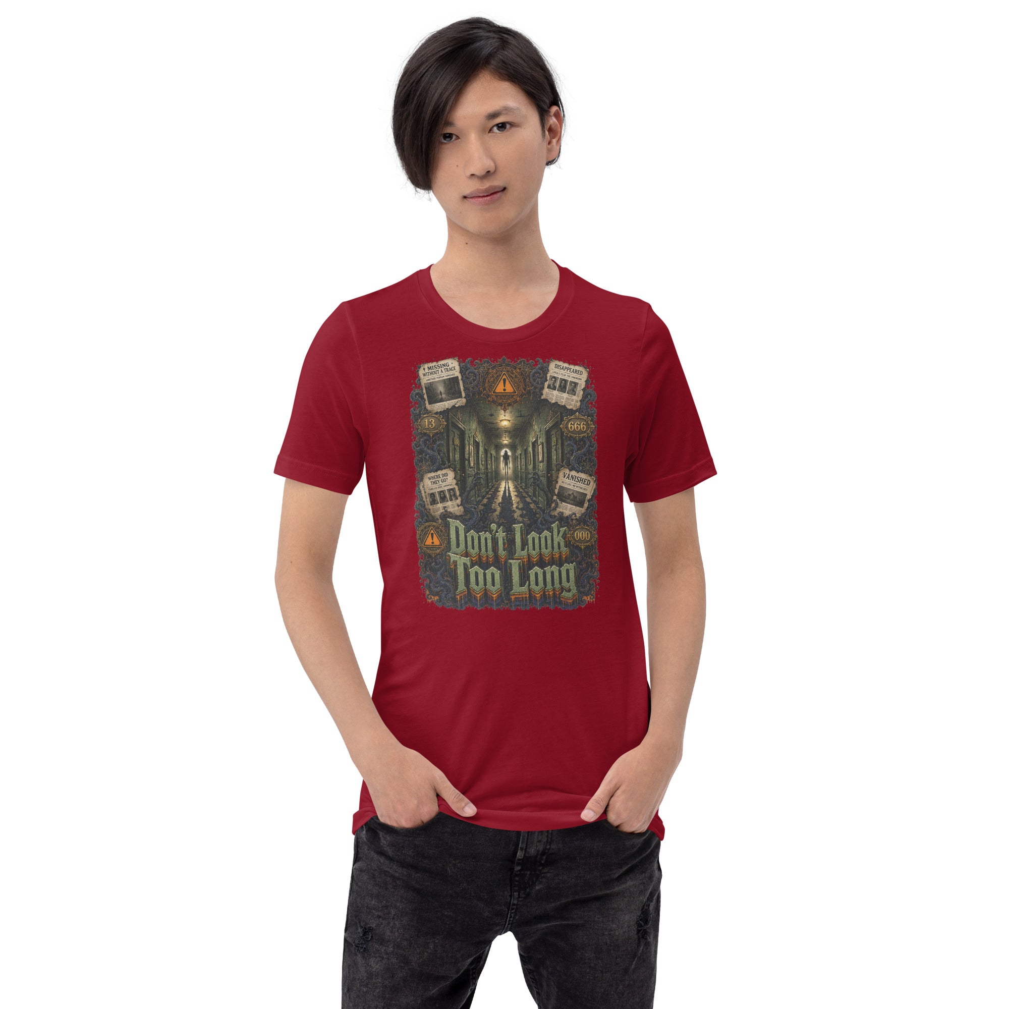 Horror and Mystery Lovers Unisex T-Shirt — "Don't Look Too Long" Creepy Hallway and Missing Persons Design by printfluence.net