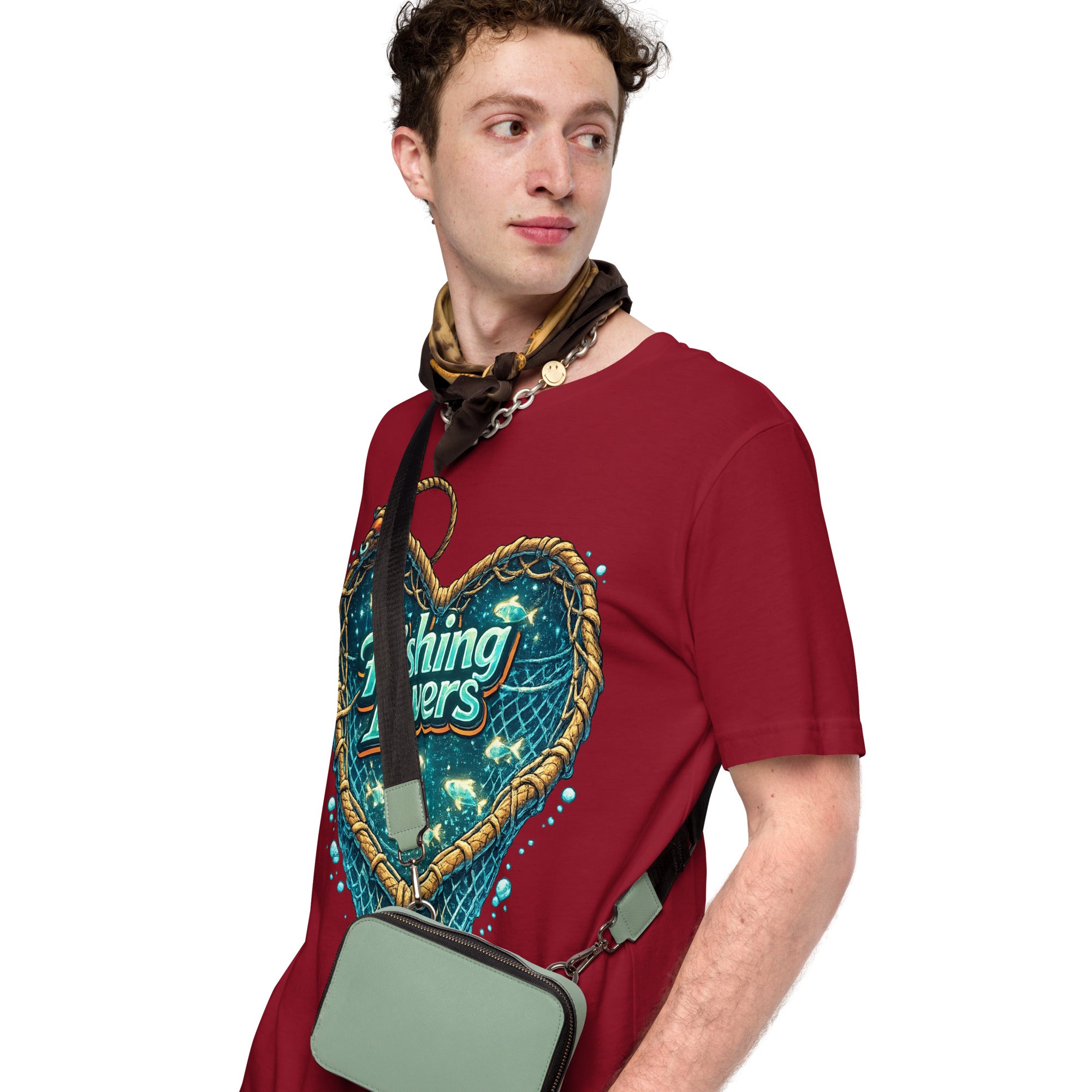 Fishing Lovers T-Shirt - Cute Heart Fish Net Graphic Tee for Fishermen & Coffee Lovers by printfluence.net