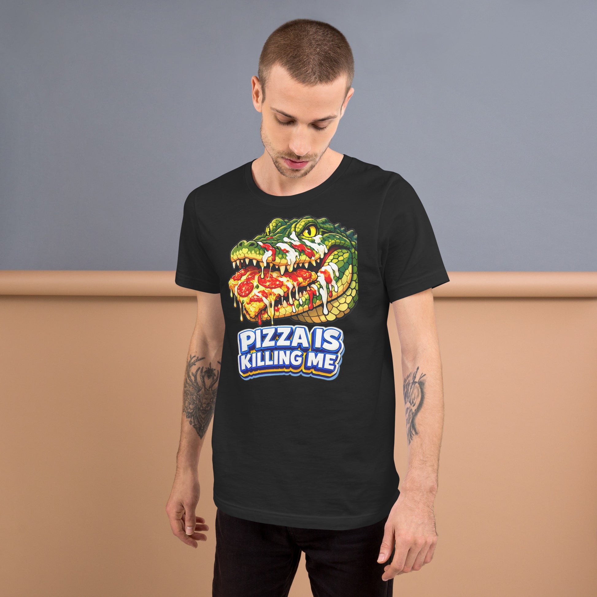 Unisex t-shirt - "Pizza Is Killing Me" Funny Crocodile Graphic Tee – Retro Pizza Lover Streetwear by printfluence.net