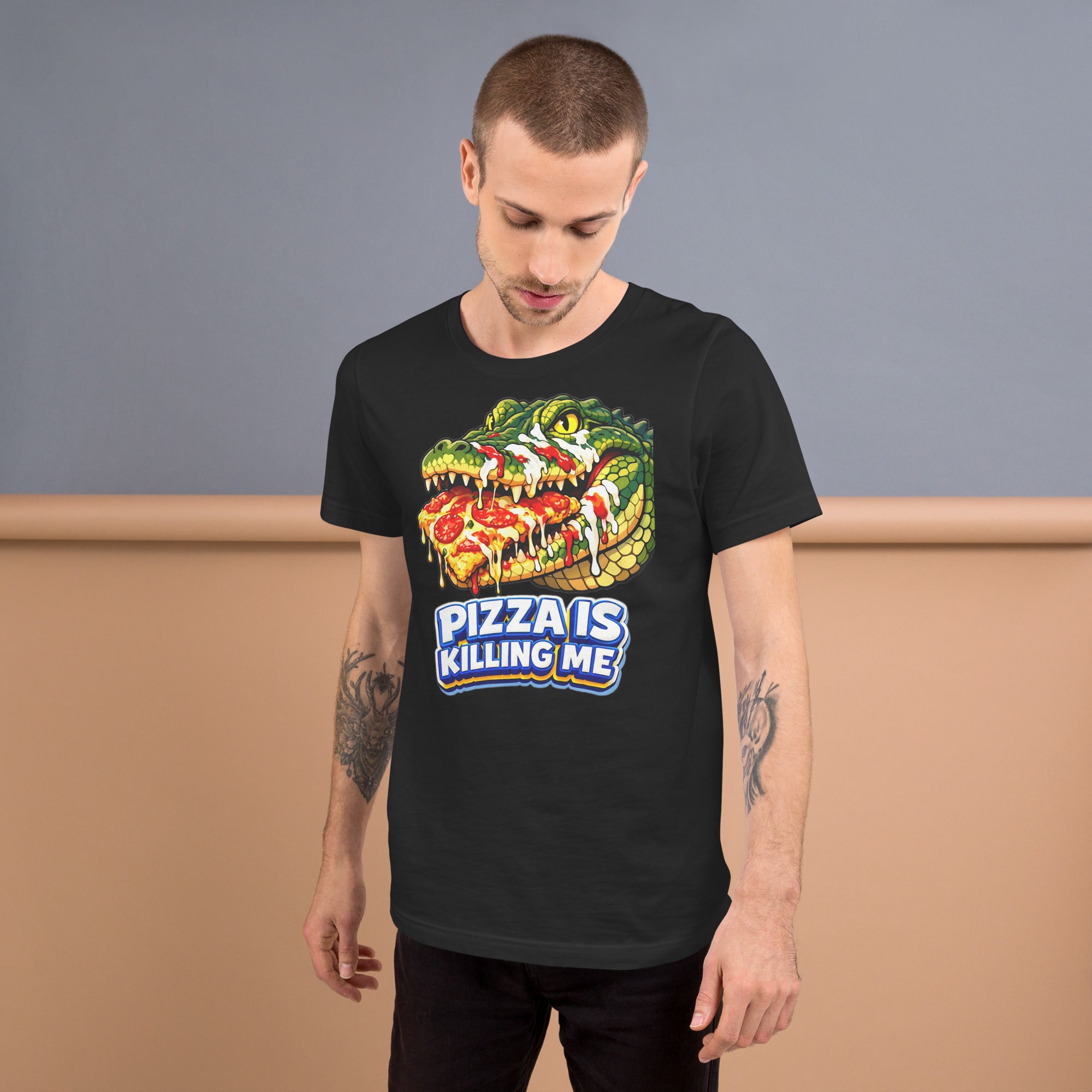 Unisex t-shirt - "Pizza Is Killing Me" Funny Crocodile Graphic Tee – Retro Pizza Lover Streetwear by printfluence.net