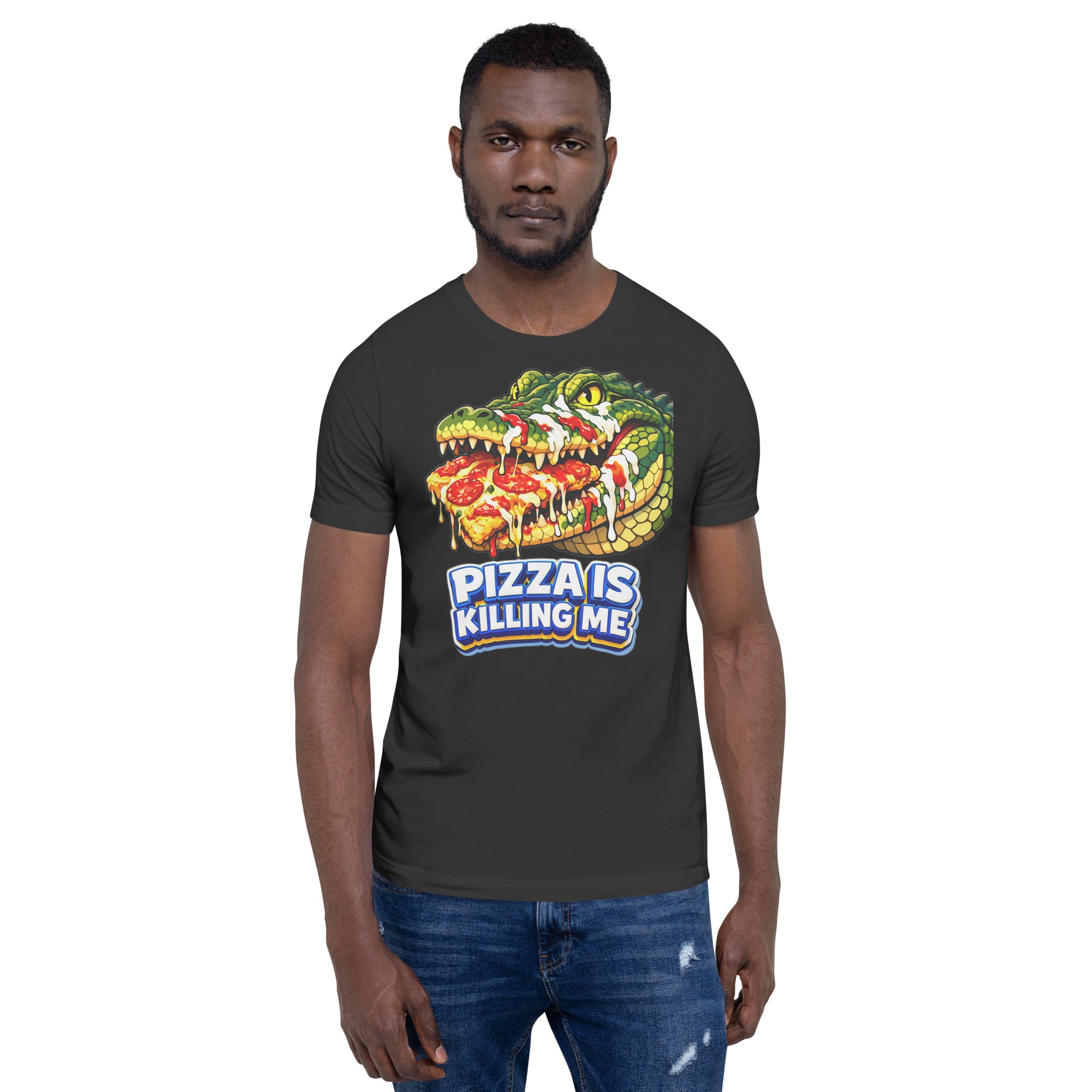 Unisex t-shirt - "Pizza Is Killing Me" Funny Crocodile Graphic Tee – Retro Pizza Lover Streetwear by printfluence.net