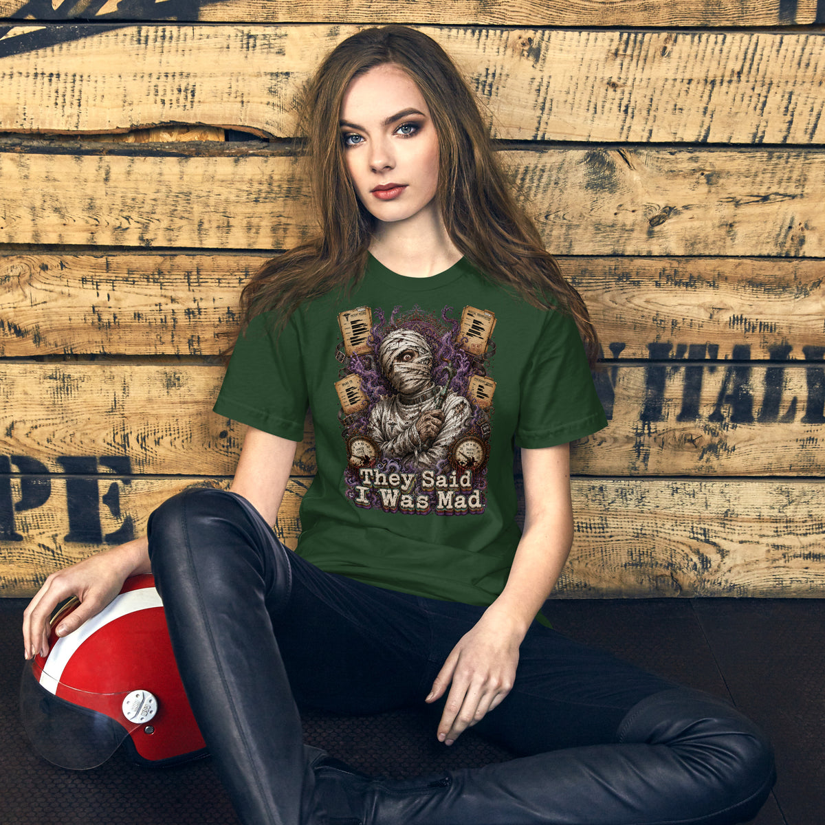 Horror and Mystery Lovers Unisex Staple T-Shirt — "They Said I Was Mad" Asylum Patient and Sanity Meter Design by printfluence.net