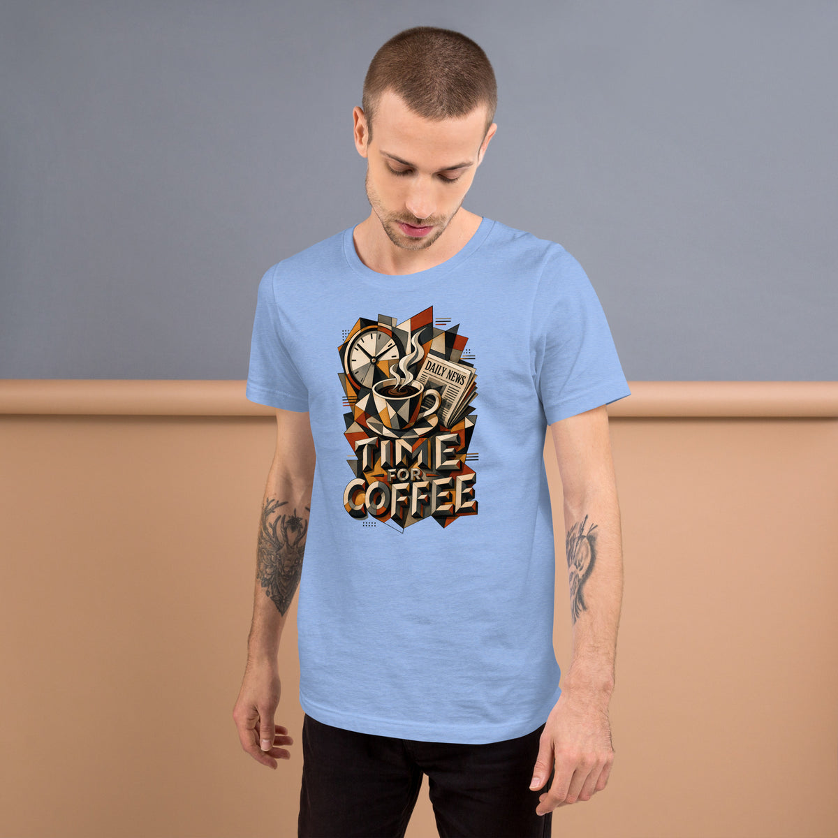 Coffee Lovers Unisex T-Shirt Time For Coffee – Cubist Morning Routine Graphic Tee by printfluence.net