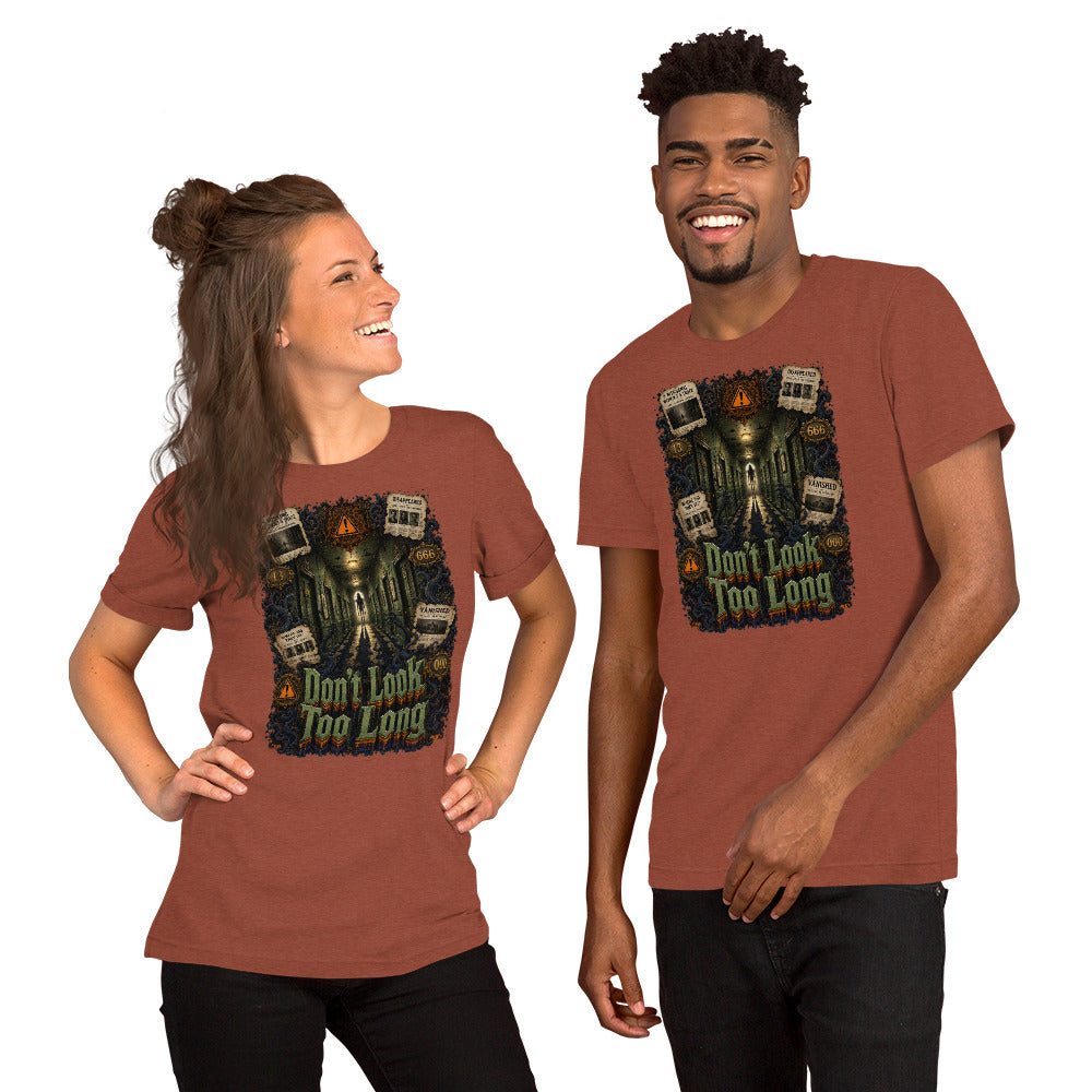 Horror and Mystery Lovers Unisex T-Shirt — "Don't Look Too Long" Creepy Hallway and Missing Persons Design by printfluence.net