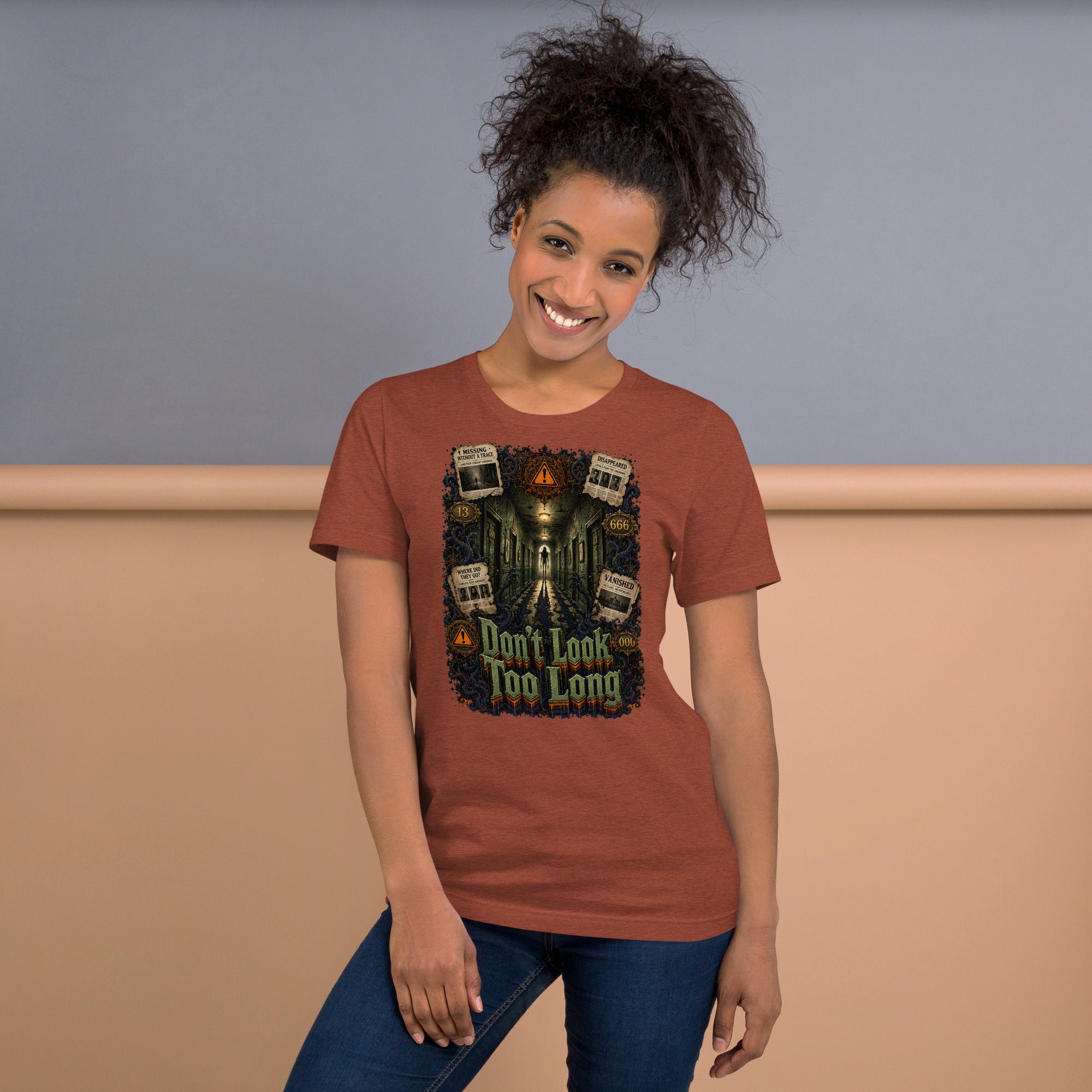 Horror and Mystery Lovers Unisex T-Shirt — "Don't Look Too Long" Creepy Hallway and Missing Persons Design by printfluence.net