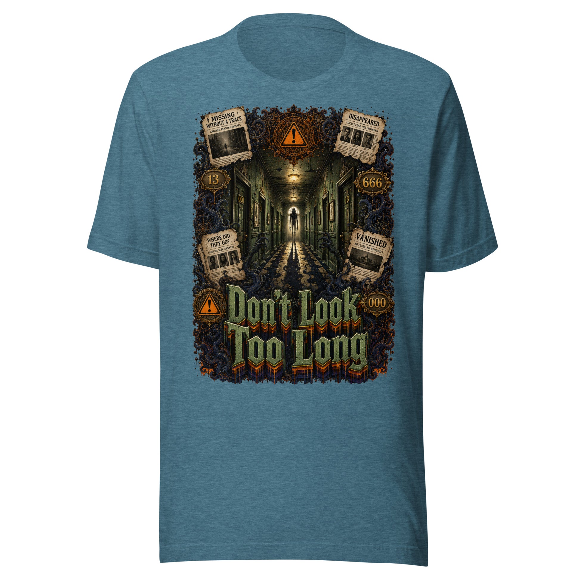 Horror and Mystery Lovers Unisex T-Shirt — "Don't Look Too Long" Creepy Hallway and Missing Persons Design by printfluence.net