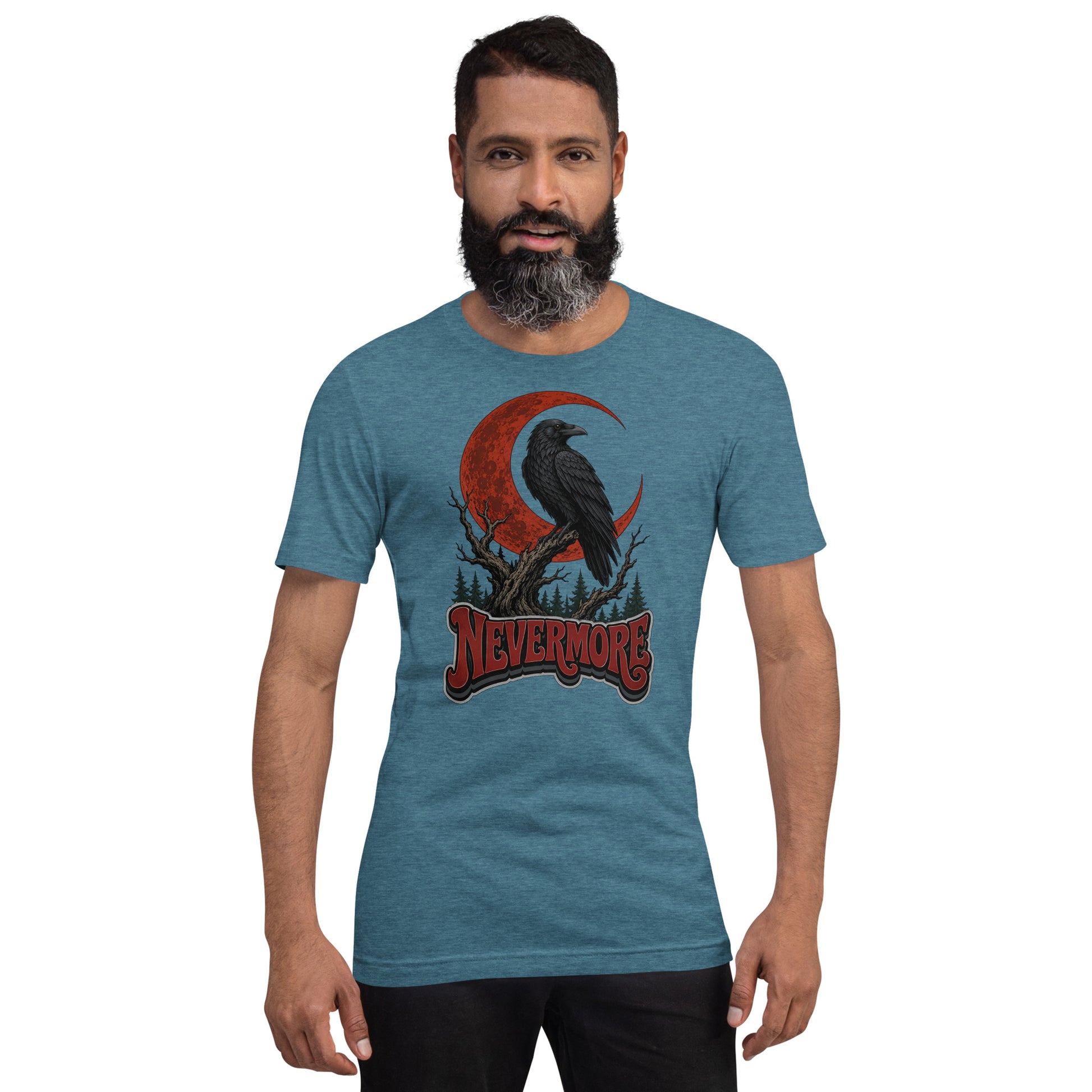 Horror & Mystery Lovers Unisex Staple T-Shirt — "Nevermore" Blood Moon Raven and Dead Tree Design by printfluence.net