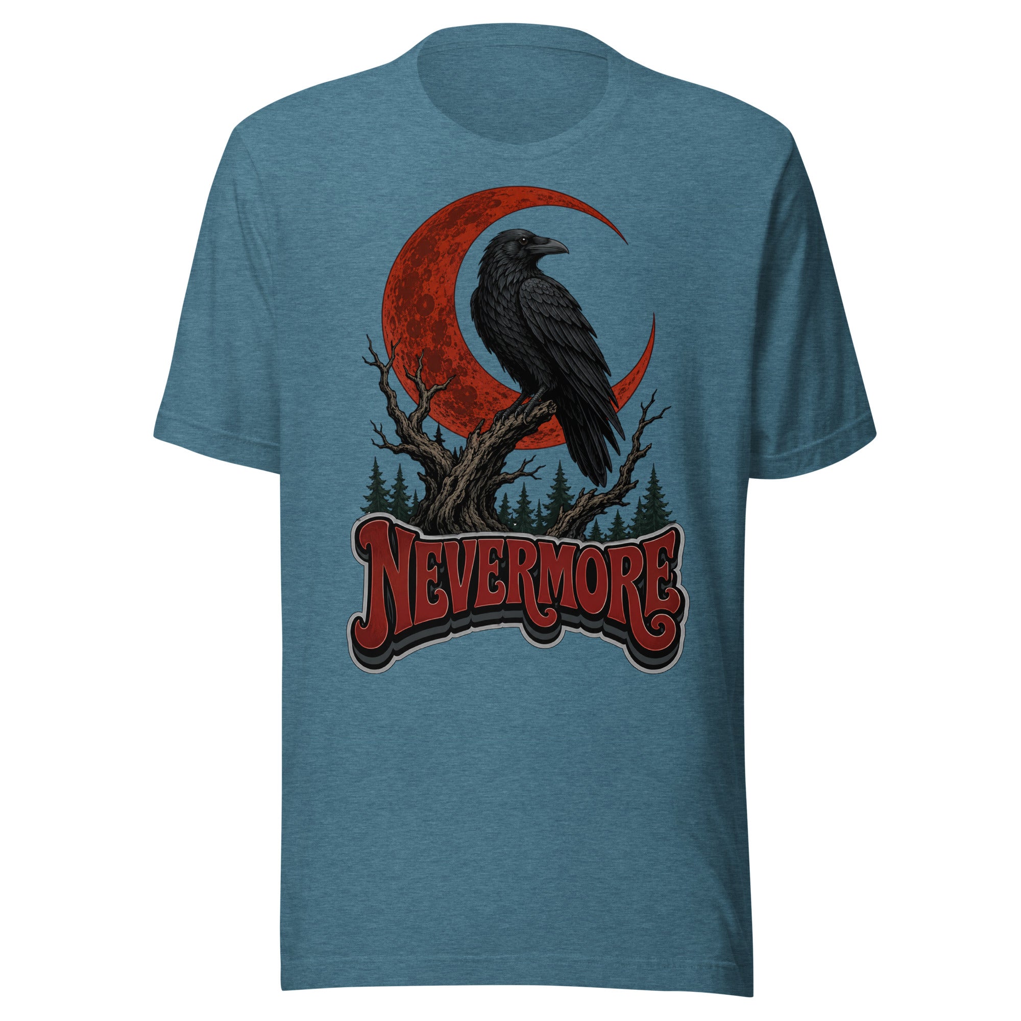 Horror & Mystery Lovers Unisex Staple T-Shirt — "Nevermore" Blood Moon Raven and Dead Tree Design by printfluence.net