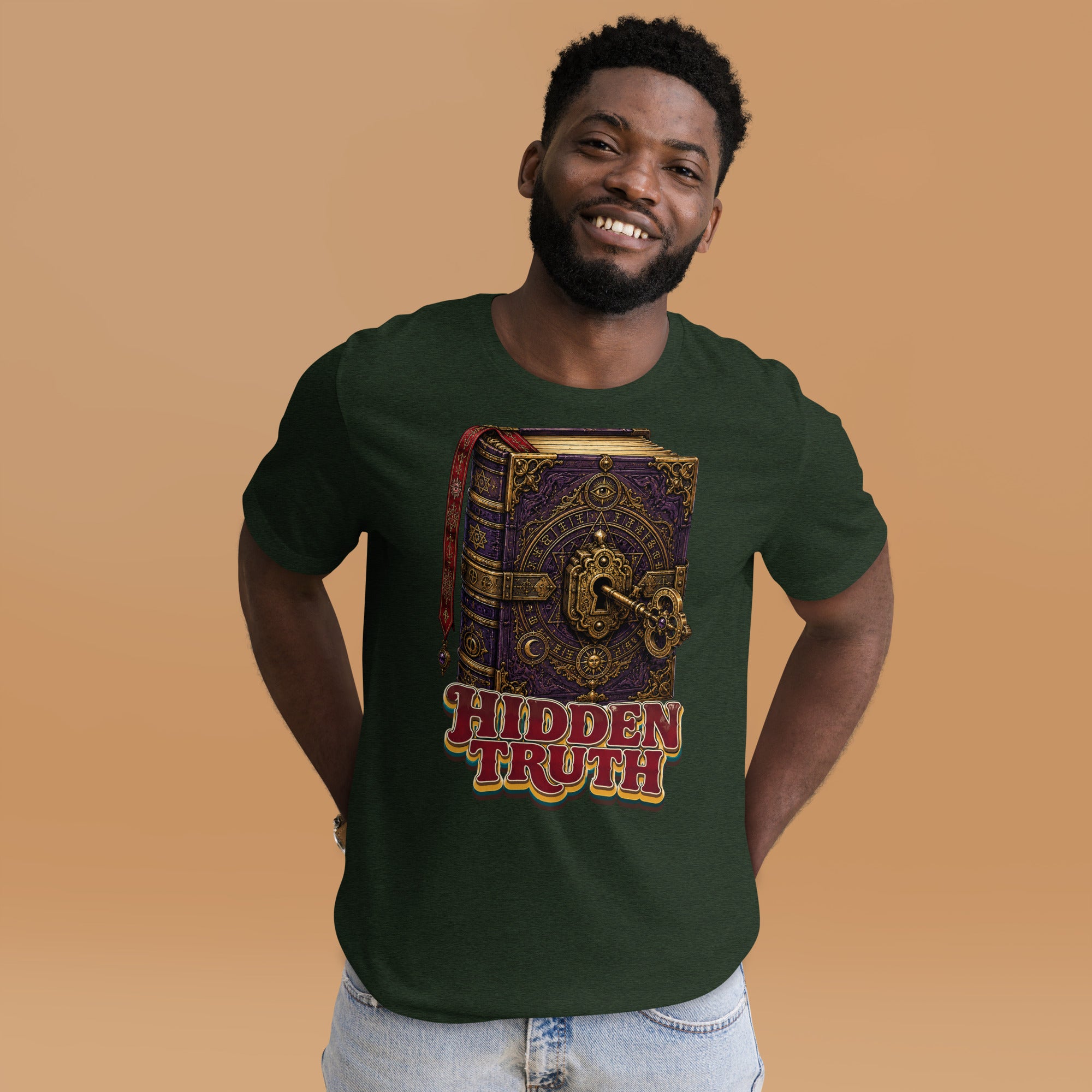 Horror and Mystery Lovers Unisex Staple T-Shirt — "Hidden Truth" Cursed Grimoire and Esoteric Key Design by printfluence.net