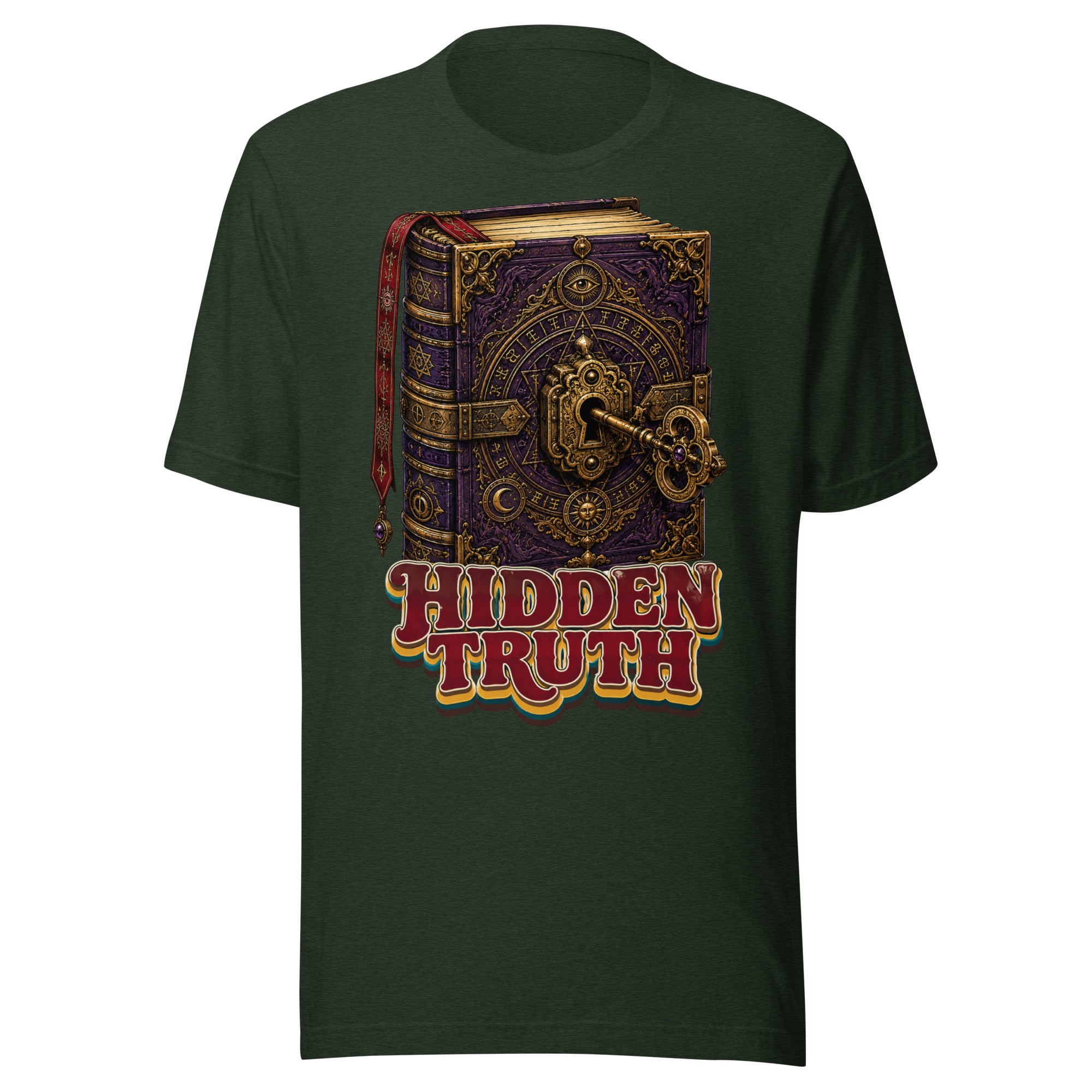 Horror and Mystery Lovers Unisex Staple T-Shirt — "Hidden Truth" Cursed Grimoire and Esoteric Key Design by printfluence.net