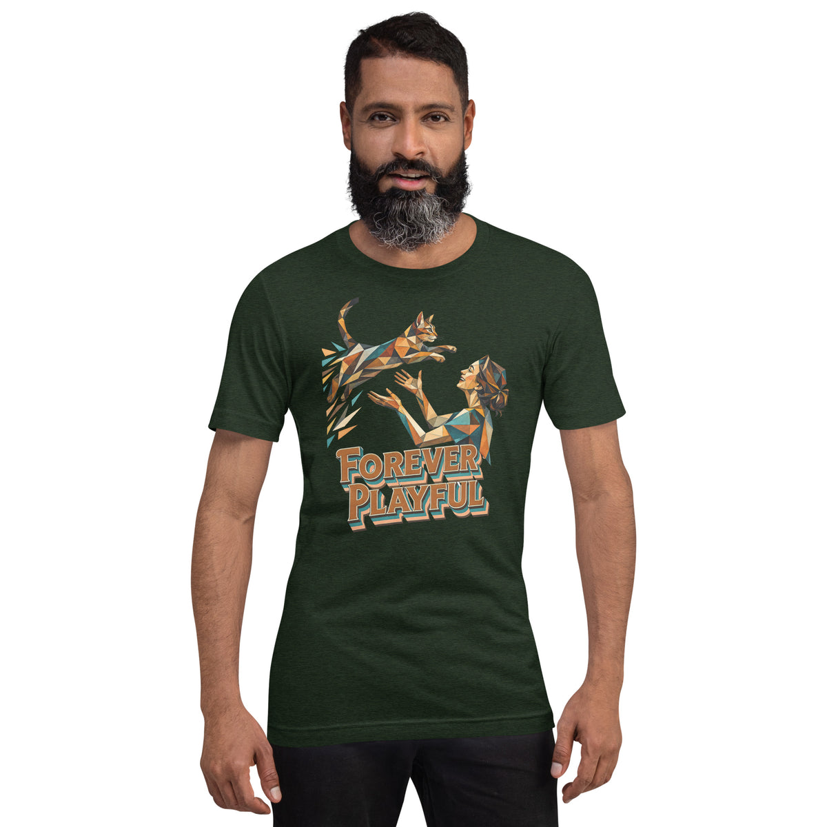 Cat Lovers Unisex Staple T-Shirt – Forever Playful Geometric Cat Design by printfluence.net