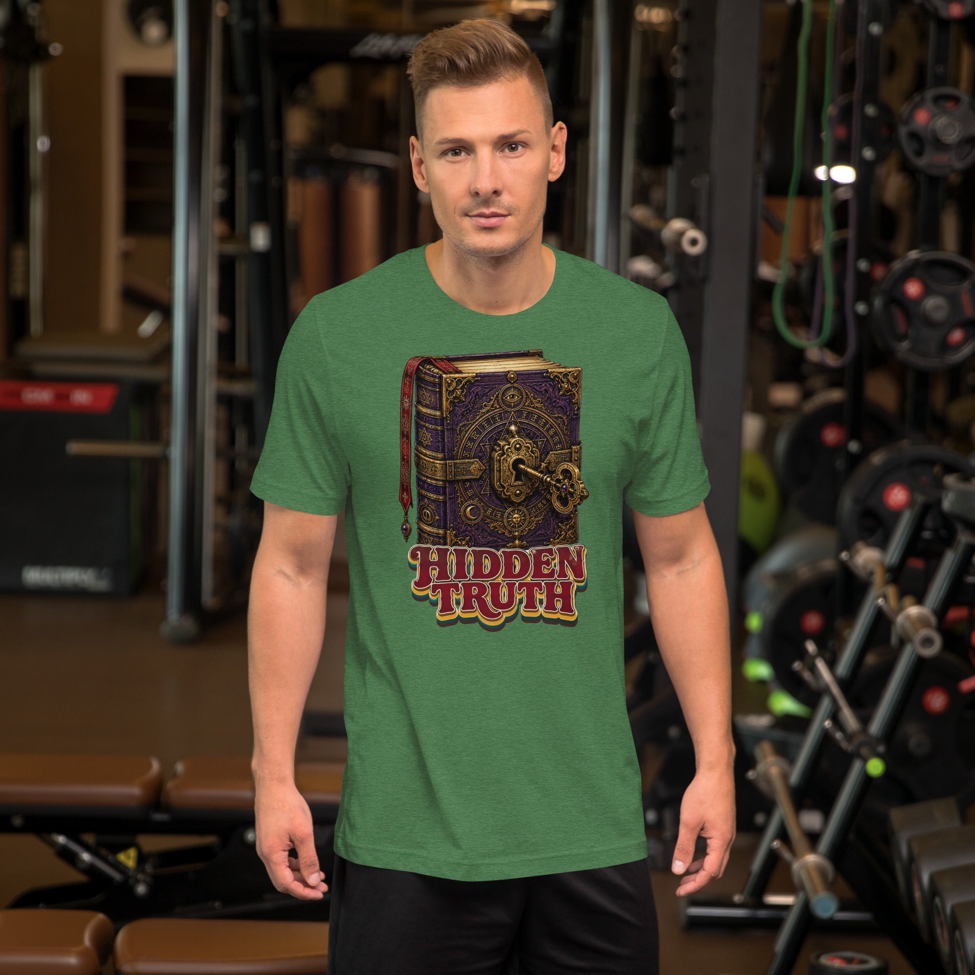 Horror and Mystery Lovers Unisex Staple T-Shirt — "Hidden Truth" Cursed Grimoire and Esoteric Key Design by printfluence.net